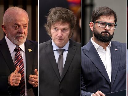 Los presidentes latinoamericanos Lula da Silva, Javier Milei, Gabriel Boric y Dina Boluarte.