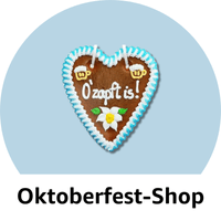 Oktoberfest-Shop. Sortiment von Oktoberfestprodukten (Lebkuchenherz mit Aufschrift: O'zapft is!)