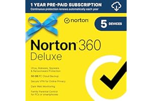 Norton 360 Deluxe 2024, Antivirus software for 5 Devices with Auto Renewal - Includes VPN, PC Cloud Backup & Dark Web Monitor