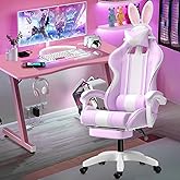 Cadeira gamer fofa com orelhas de coelho, cadeira ergonômica de jogos para meninas com apoio de pés e apoio de cabeça (Roxo)