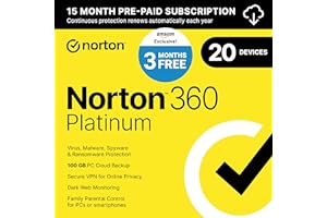 Norton 360 Platinum 2024, Antivirus software for 20 Devices with Auto Renewal - 3 Months FREE - Includes VPN, PC Cloud Backup