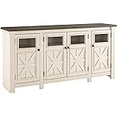 Signature Design by Ashley Bolanburg Two Tone Farmhouse TV Stand, Fits TVs up to 72", 3 Cabinets and Adjustable Storage Shelv