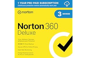 Norton 360 Deluxe 2024, Antivirus software for 3 Devices with Auto Renewal - Includes VPN, PC Cloud Backup & Dark Web Monitor