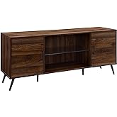 Walker Edison Saxon Mid Century Modern Glass Shelf TV Stand for TVs up to 65 Inches, 60 Inch, Walnut