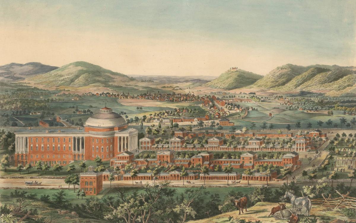 A historic illustration of a large domed building complex in a valley with mountains and a town in the background.