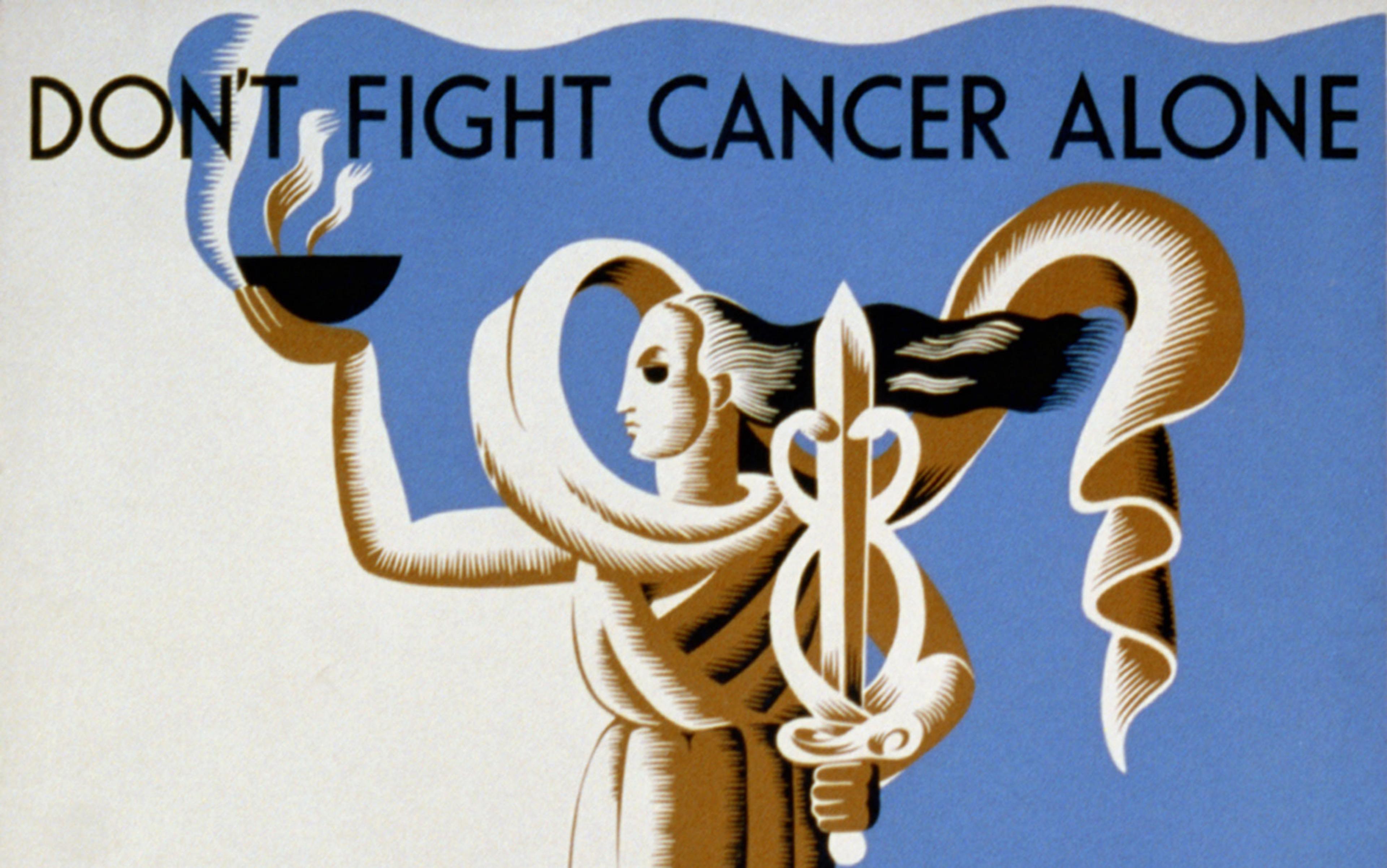 Art deco-style illustration of a person holding a flaming torch and a sword, with text “DON’T FIGHT CANCER ALONE” above on a blue and white background.