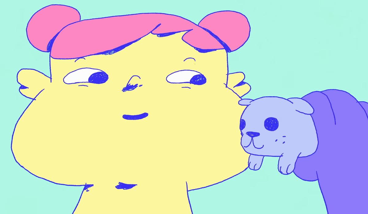 Cartoon of a yellow character with pink hair buns, holding a small blue puppy, set against a light blue background.