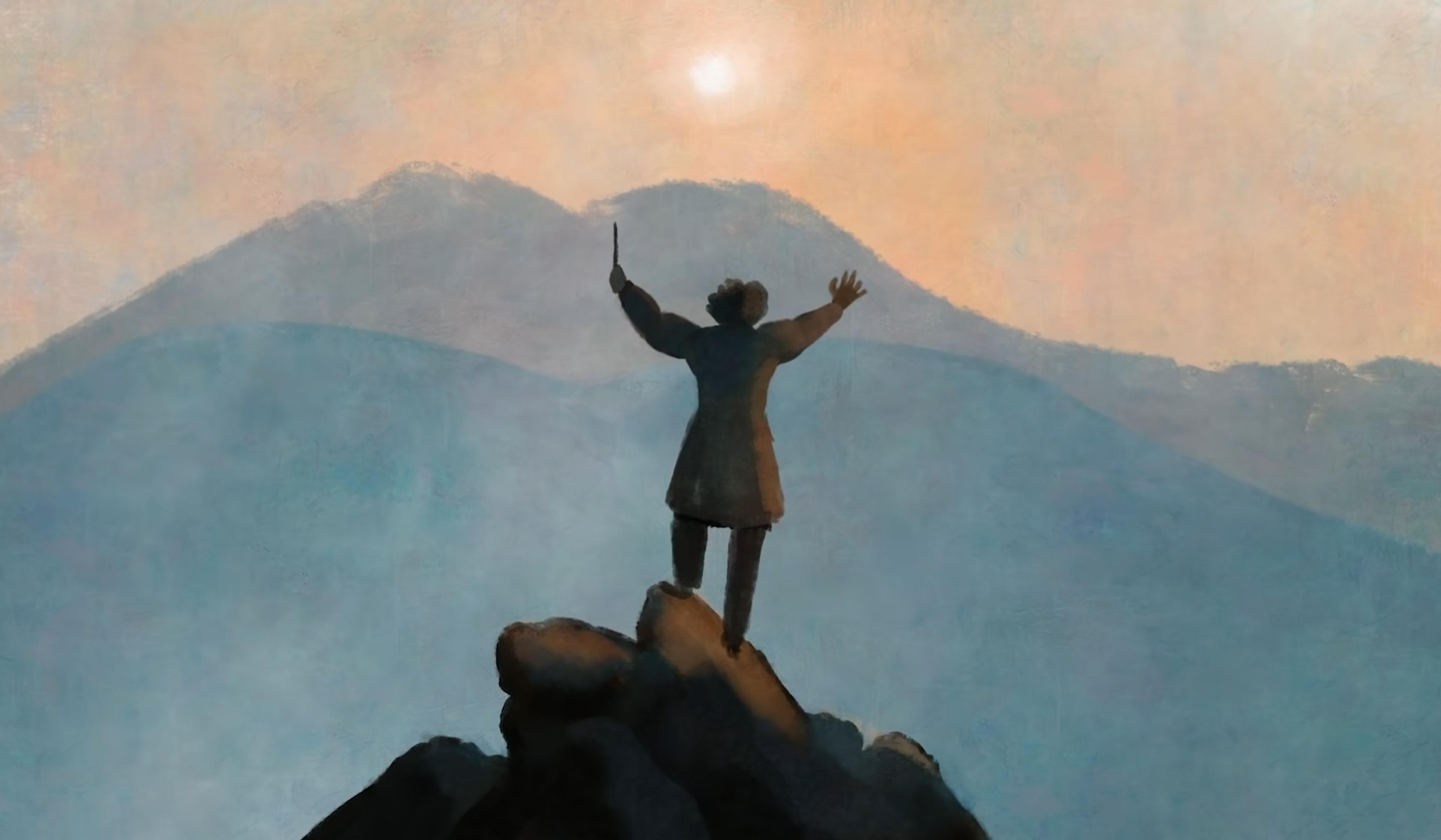 Painting of a person holding a conductor’s baton standing on rocks with arms raised, facing away towards a sunrise or sunset over distant mountains in a misty, pastel-coloured landscape.