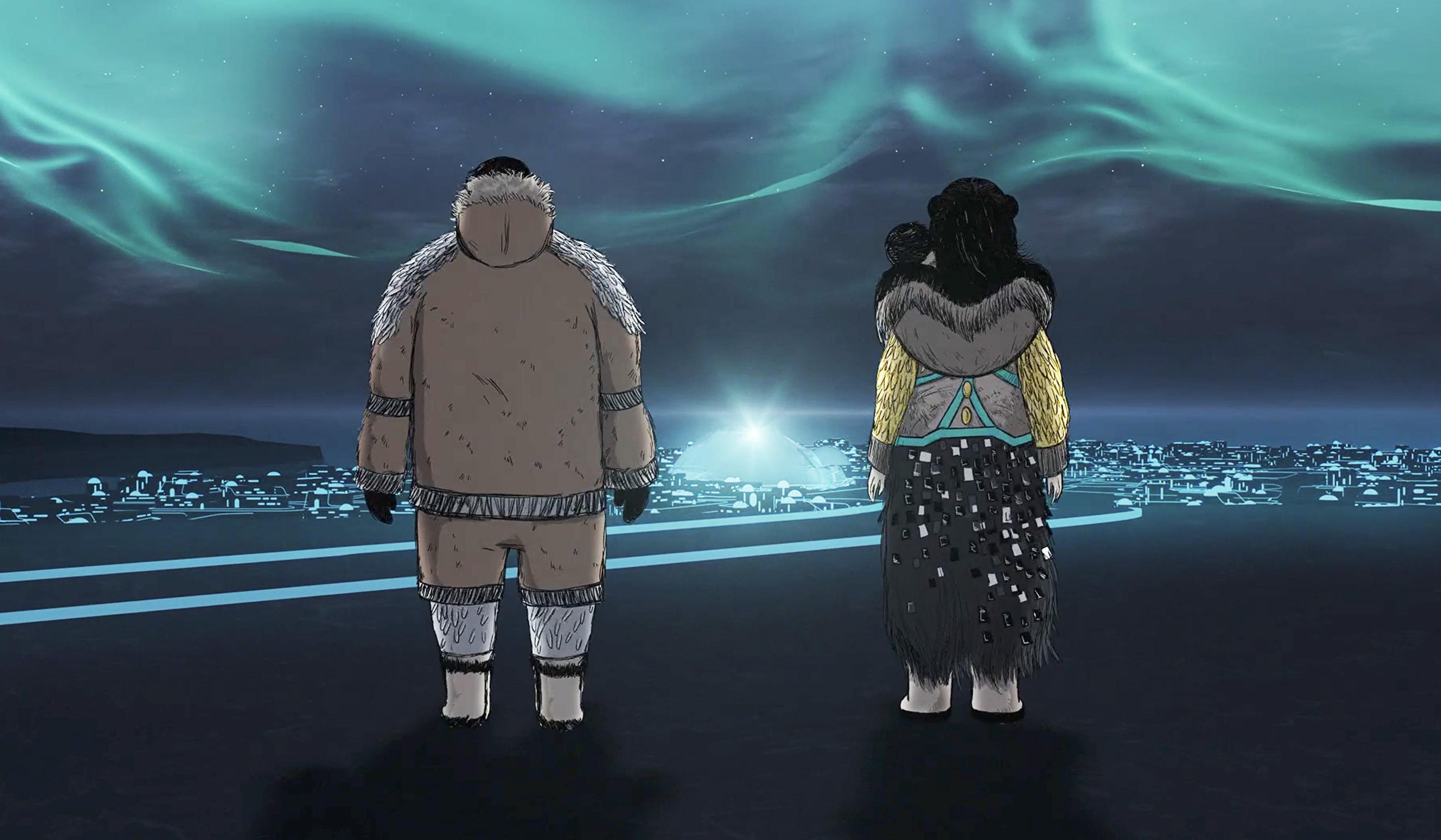 Illustration of two people in traditional Arctic clothing facing a futuristic city with glowing lights under the aurora borealis in the night sky.