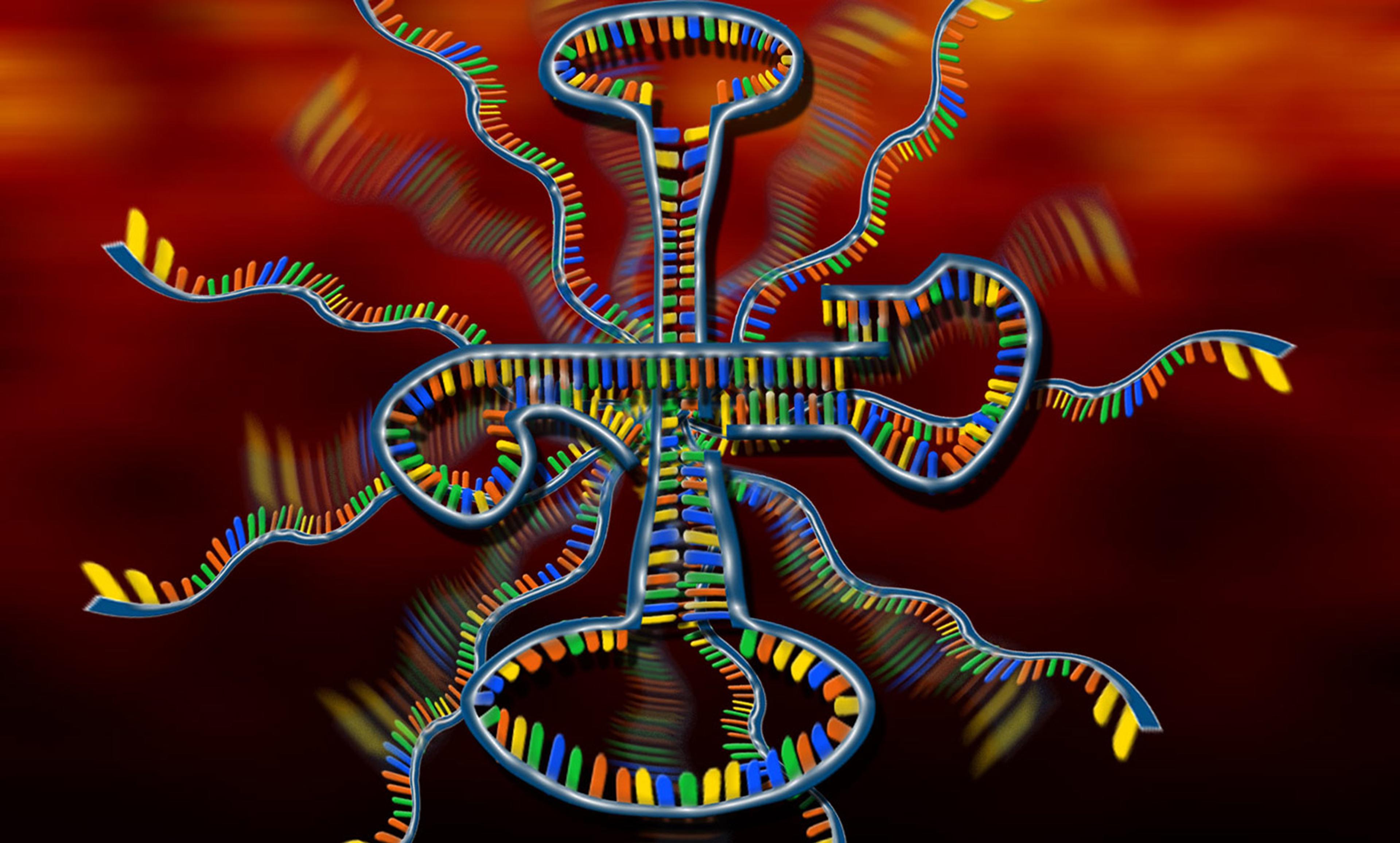 Digital illustration of a complex RNA molecule with colourful nucleotides on a glowing red background, showcasing its intricate structure.