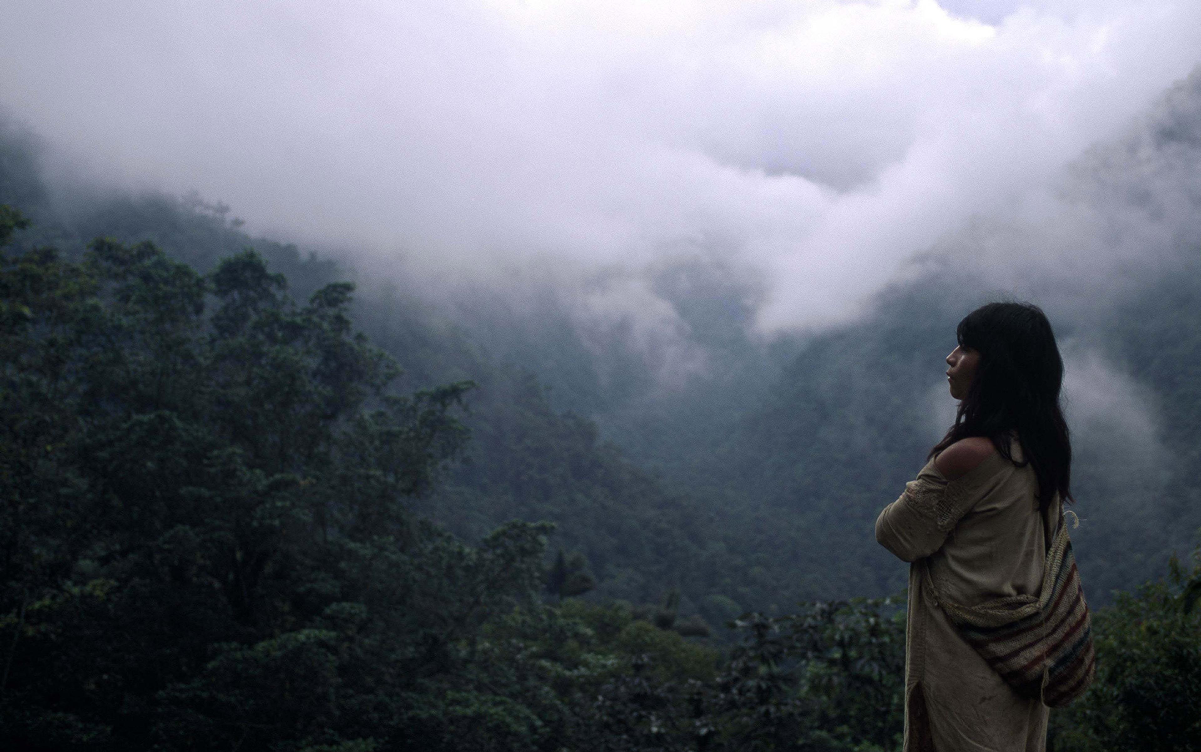 Woman standing at the edge of a foggy forest valley, with dense green trees and mist enveloping the background. She is wearing a shawl and bag.