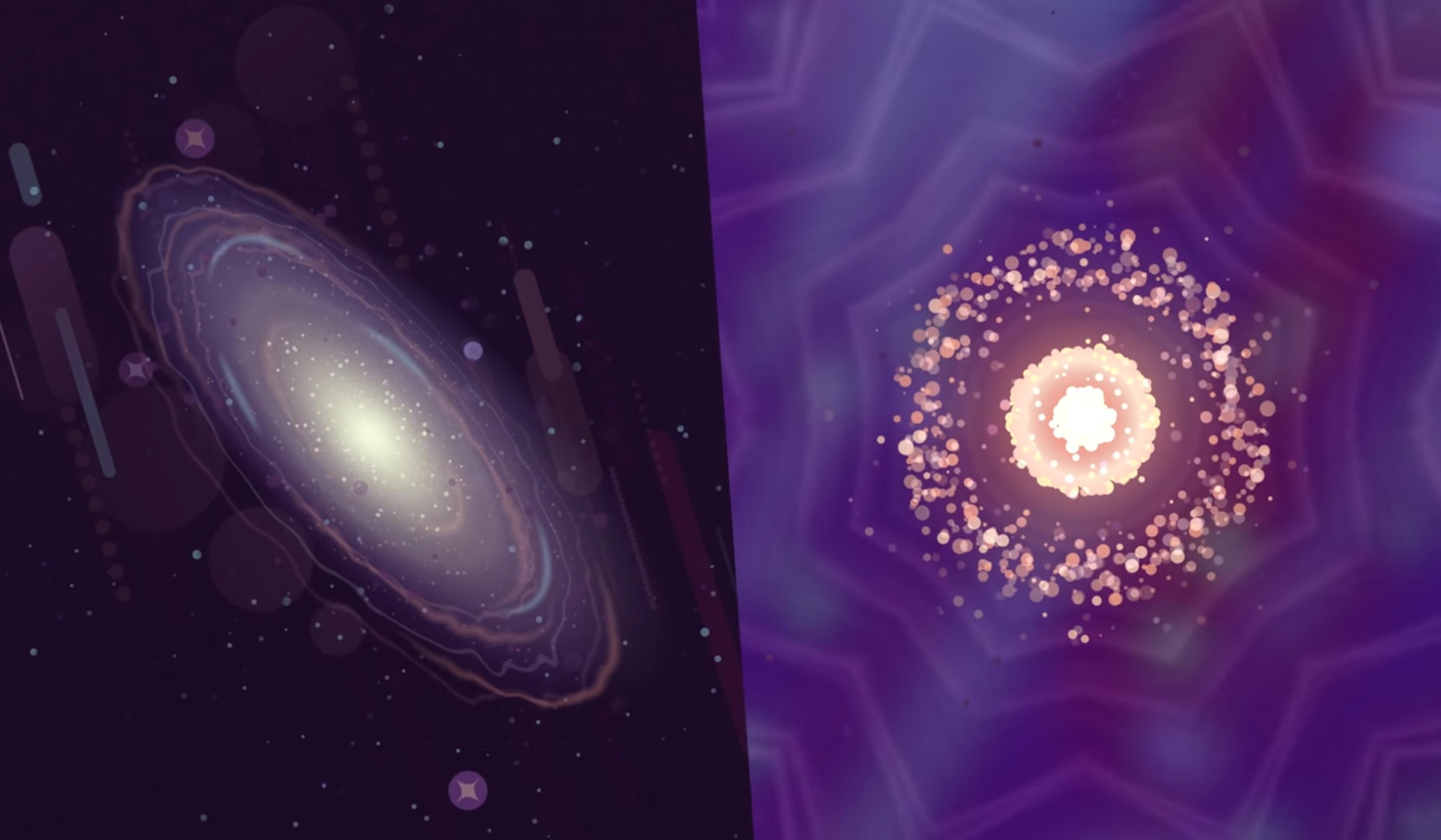 Abstract depiction of two galaxies, one on the left with spiral arms and bright centre, and one on the right with swirling patterns and luminous core.