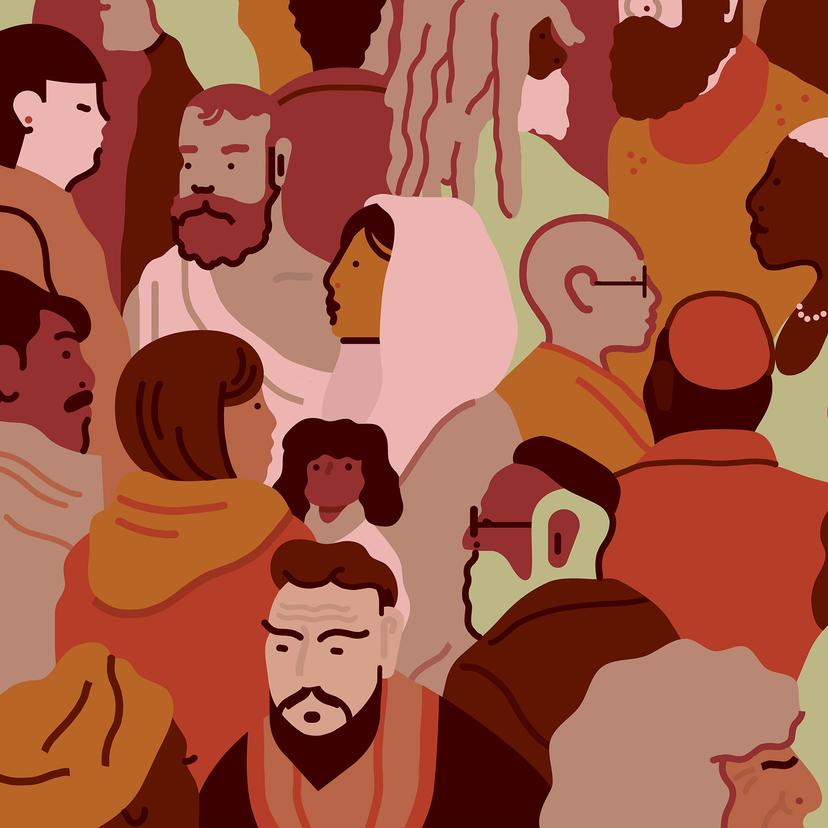 Illustration of diverse people in warm earth tones overlapping in a crowd, highlighting various cultures and expressions.