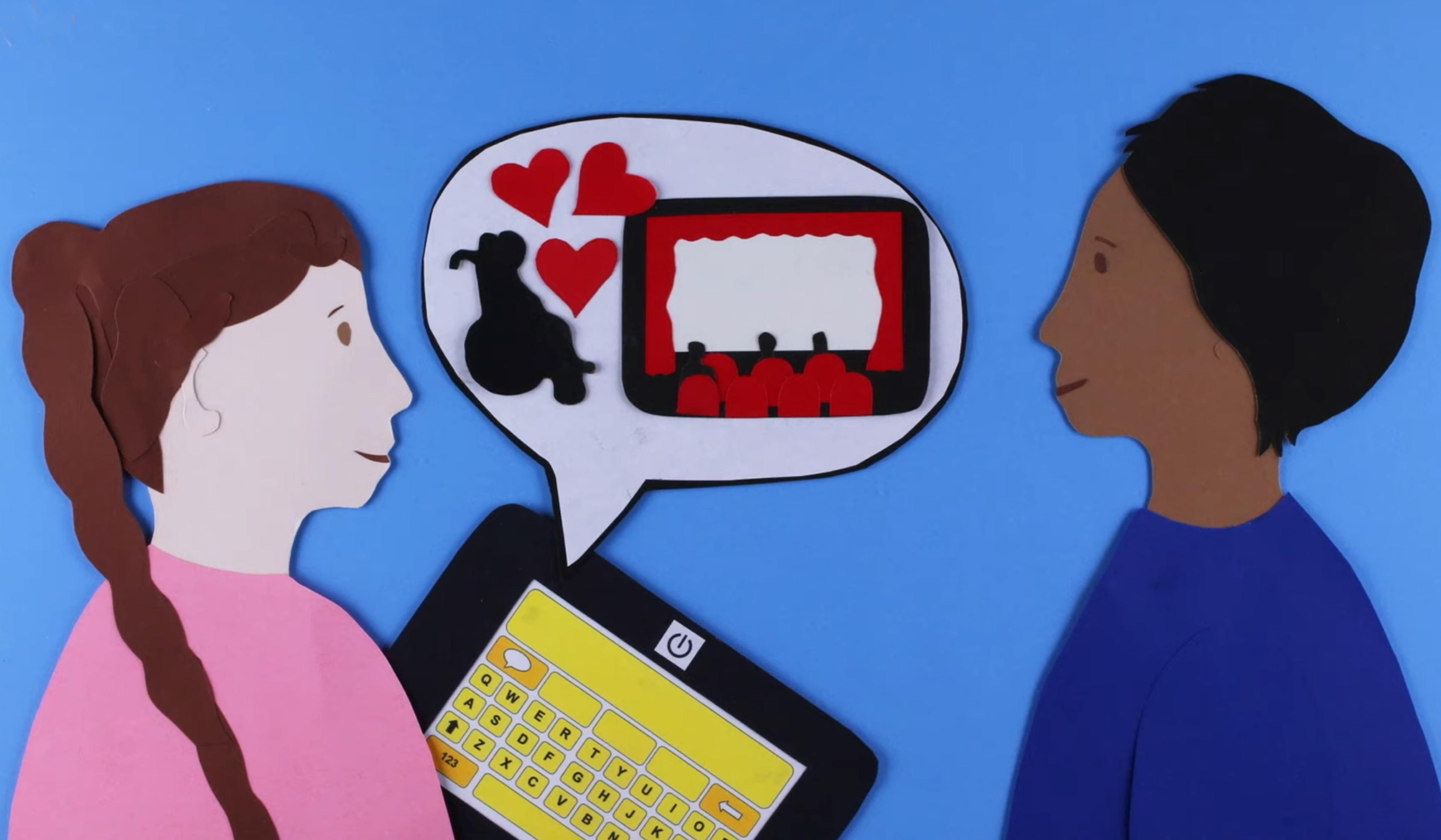 Two people facing each other, one holding a tablet with a speech bubble showing hearts, a wheelchair, and a cinema screen.