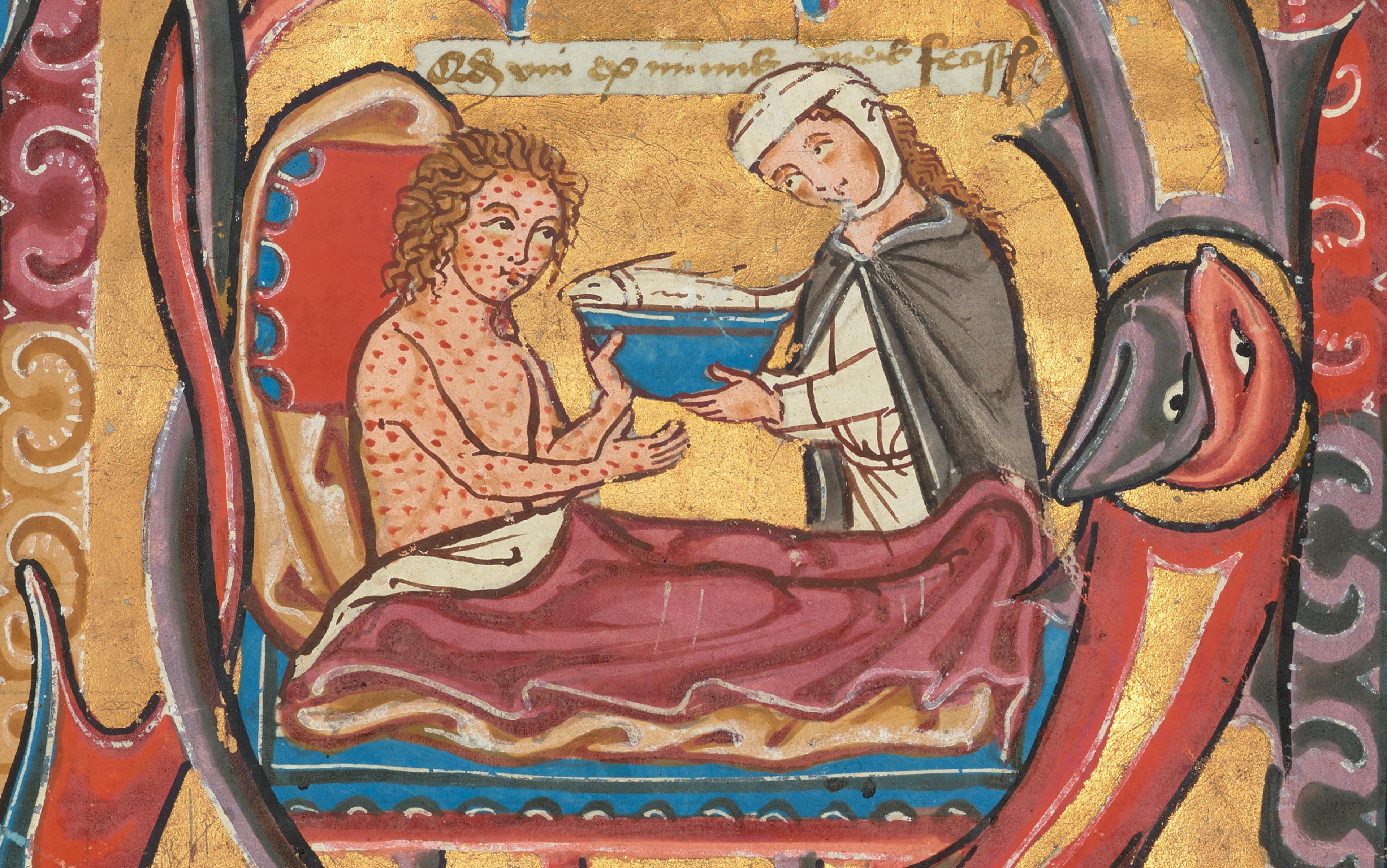 Medieval artwork depicting a sick person with red spots in bed receiving a bowl from a nurse, with gold and ornate designs.