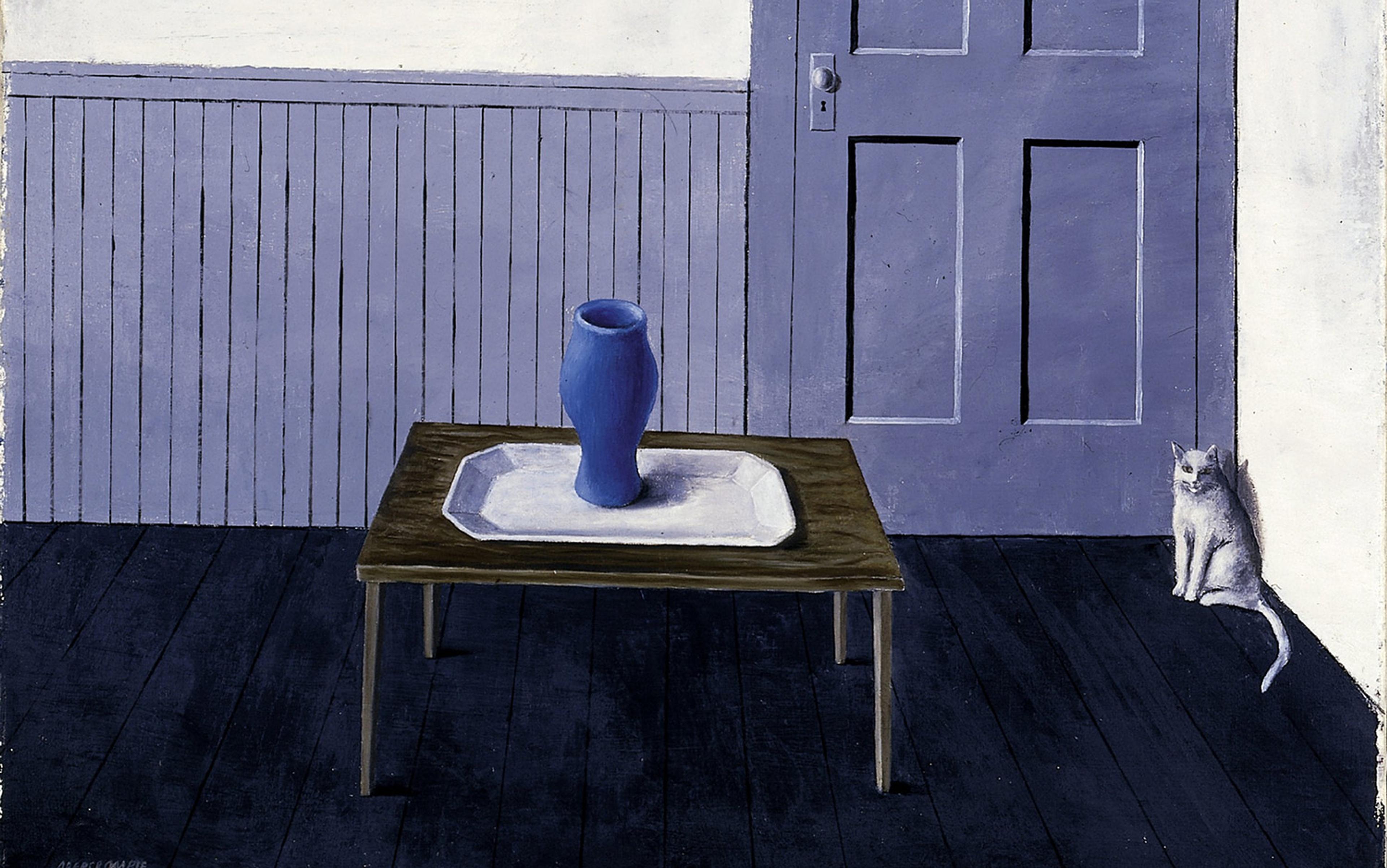 Painting of a room with a blue vase on a table, a blue door in the background and a white cat sitting by the door.