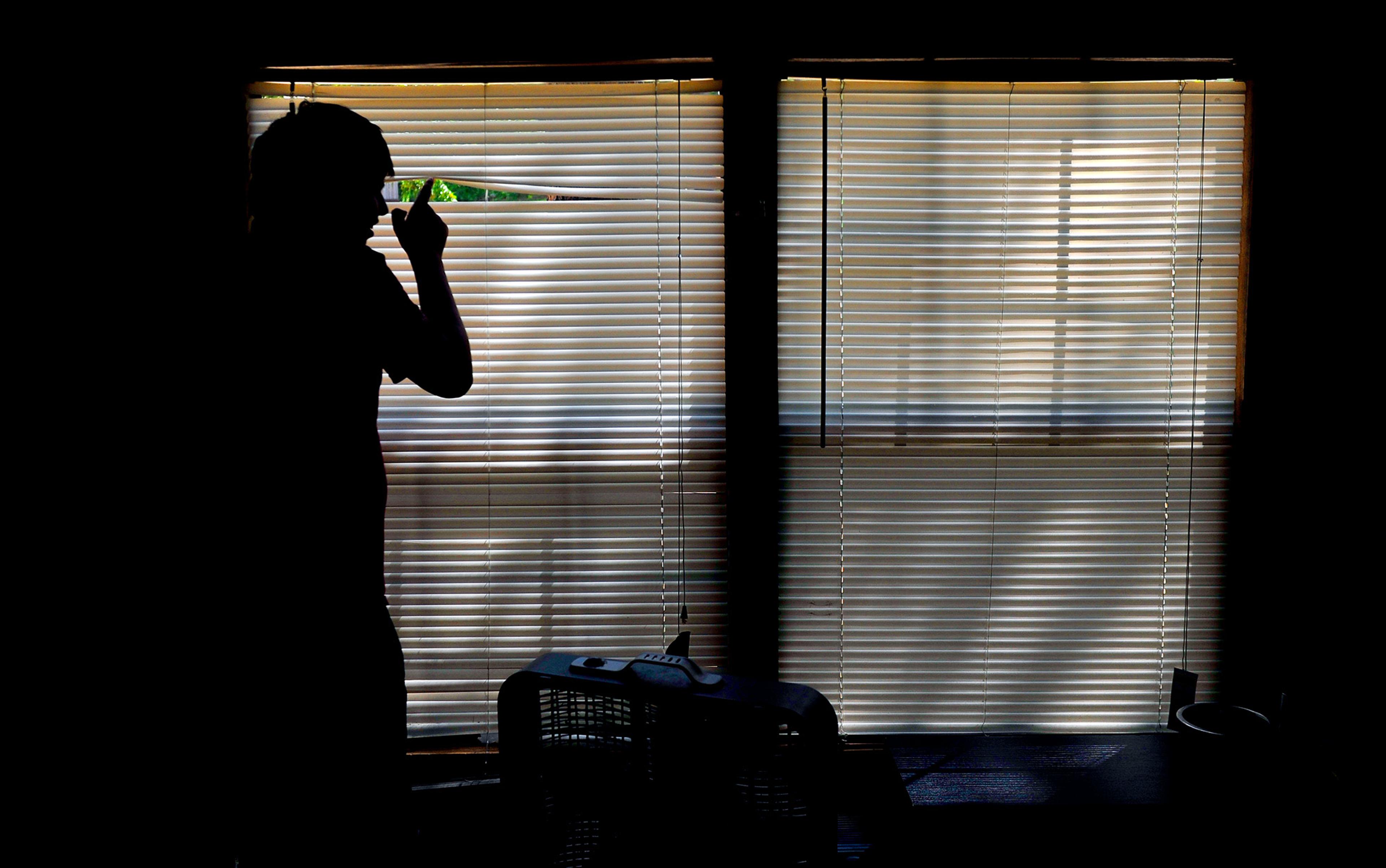 Silhouette of a person peering through blinds in a dimly lit room, with a pet carrier on the bed below.