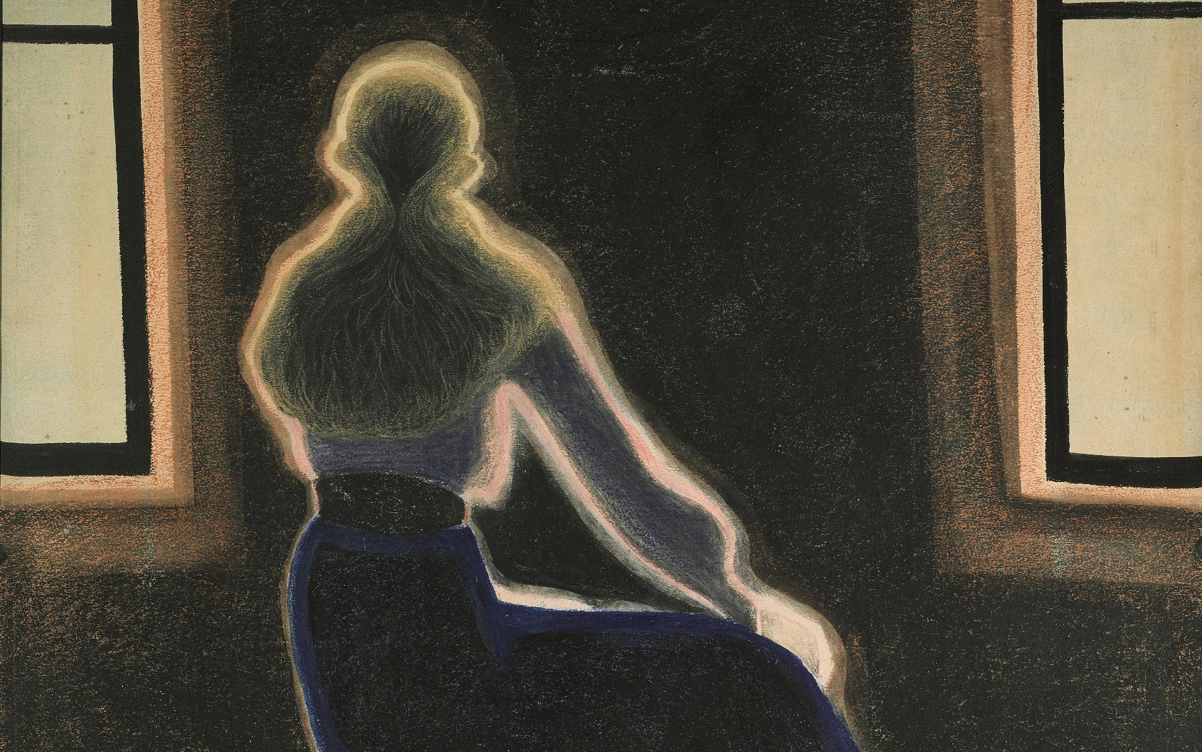 Painting of a silhouetted figure sitting in front of two windows, with a glowing outline emphasizing their form in a dark room.