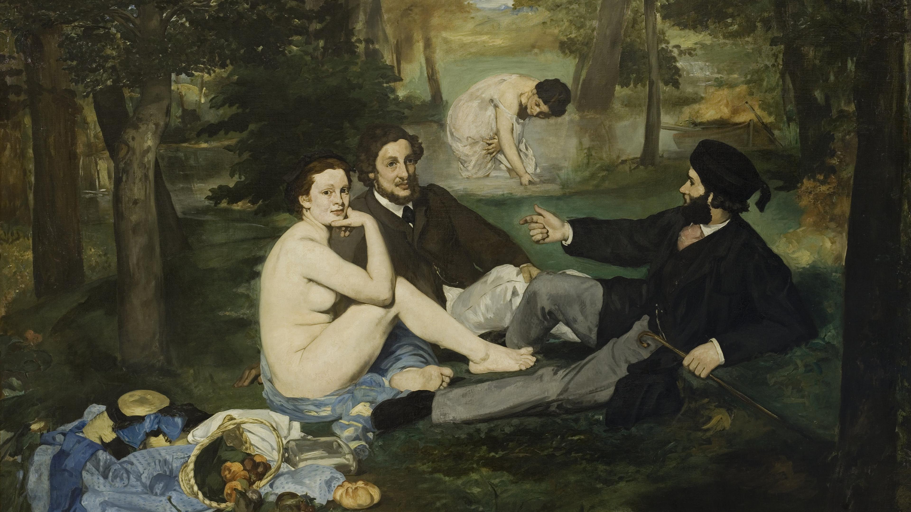 Painting of two clothed men and a naked woman picnicking in a forest, with another woman in the background near a pond.