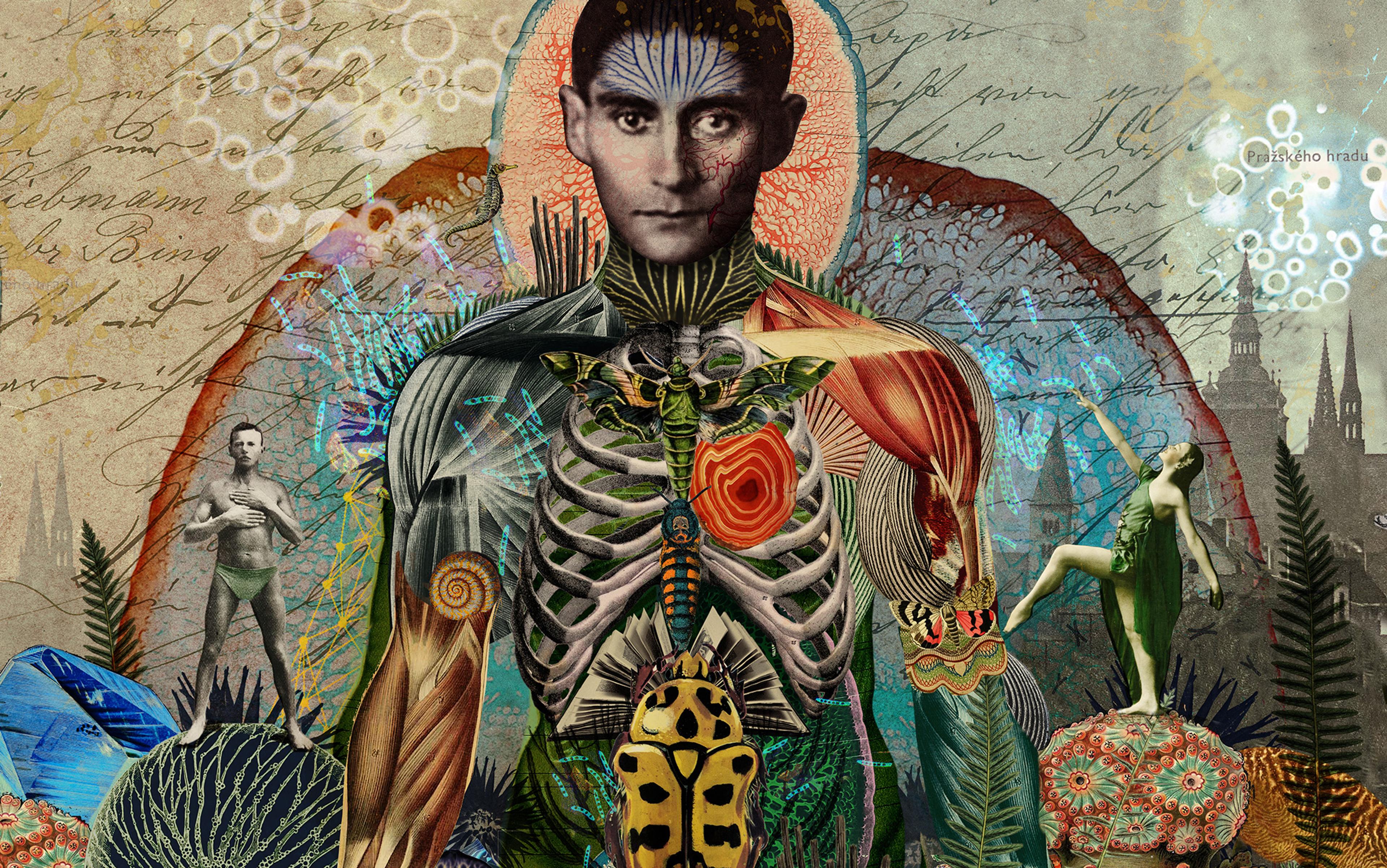 Surrealist collage of a man with exposed ribcage, insects, plants, text, and other figures, set against an eclectic background.