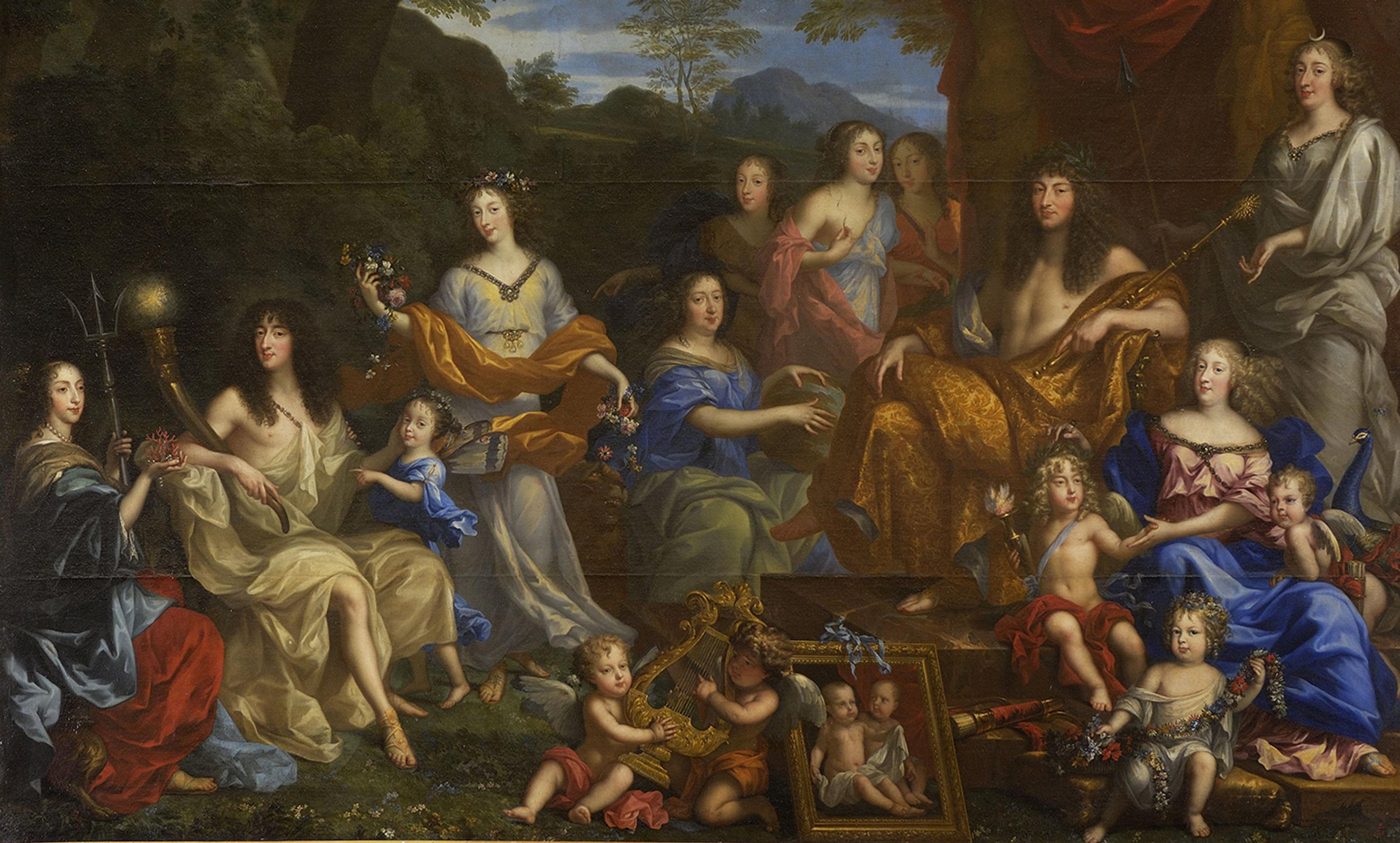 Painting of a group of elegantly dressed individuals, including children and cherubs, in a lush outdoor setting with trees and hills.