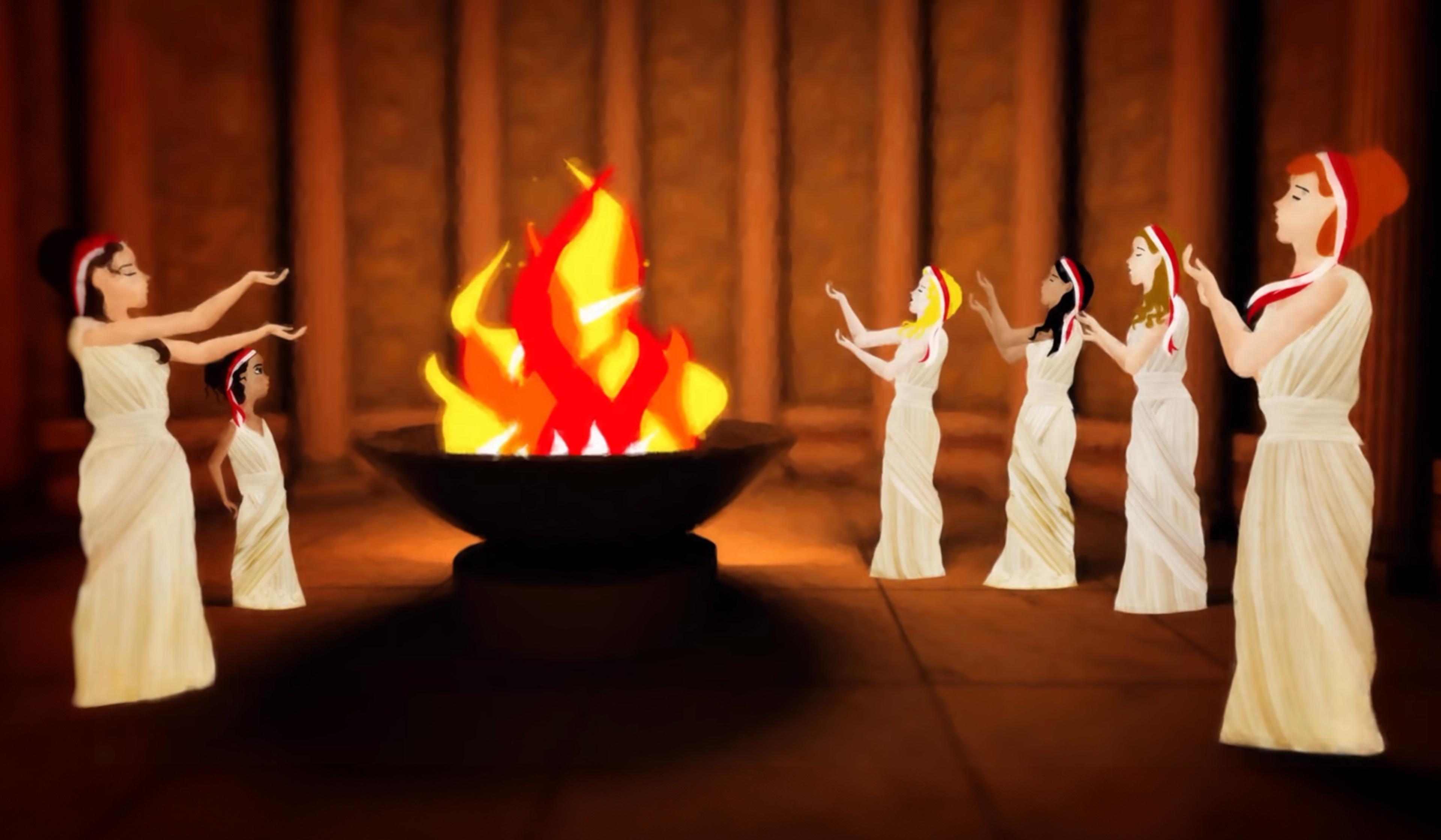 Illustration of a female group in white togas and red headbands, standing with arms raised before a flaming brazier in a Roman temple with columns.