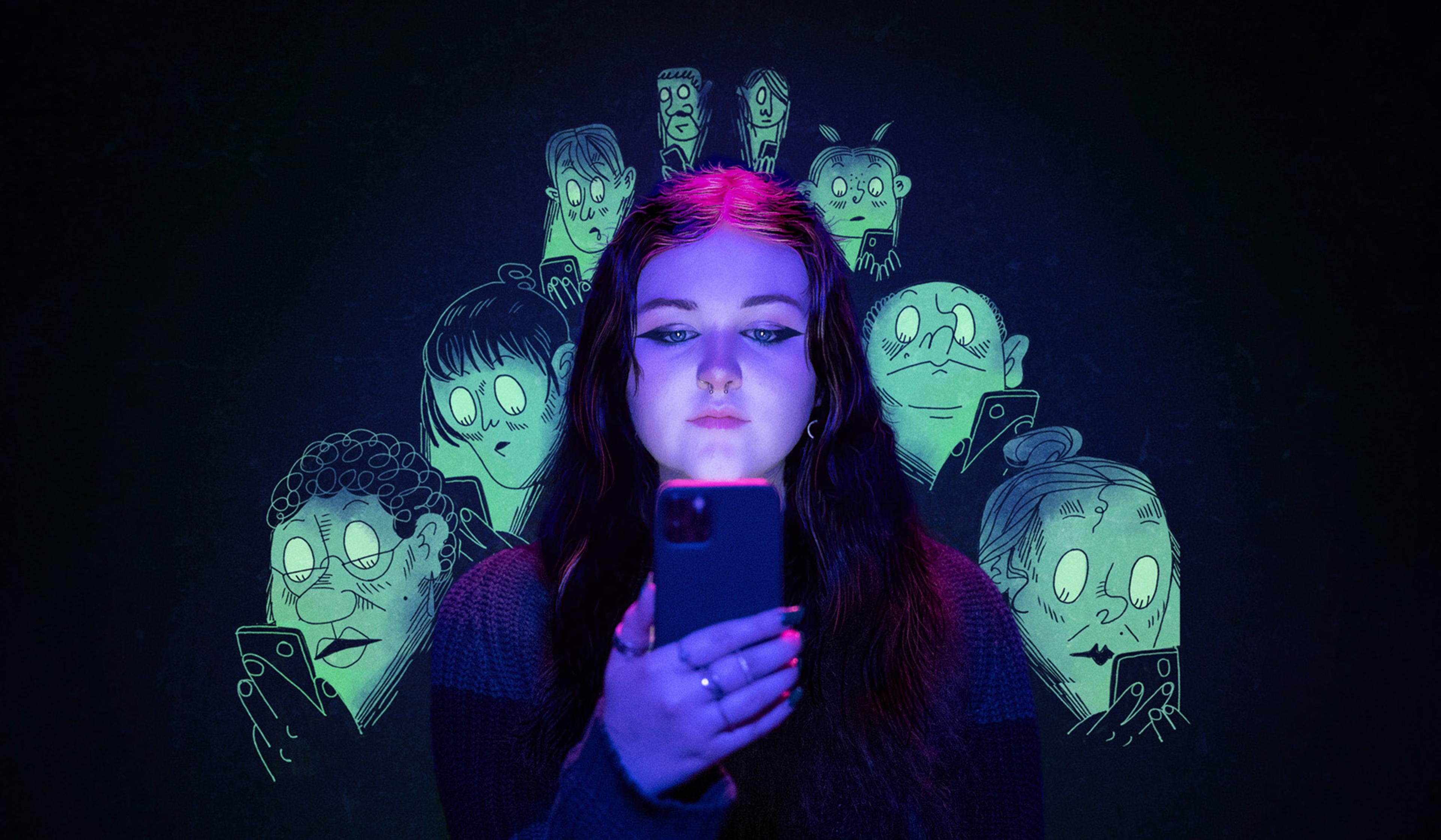 A person uses a phone with cartoon faces in the background representing online interactions.