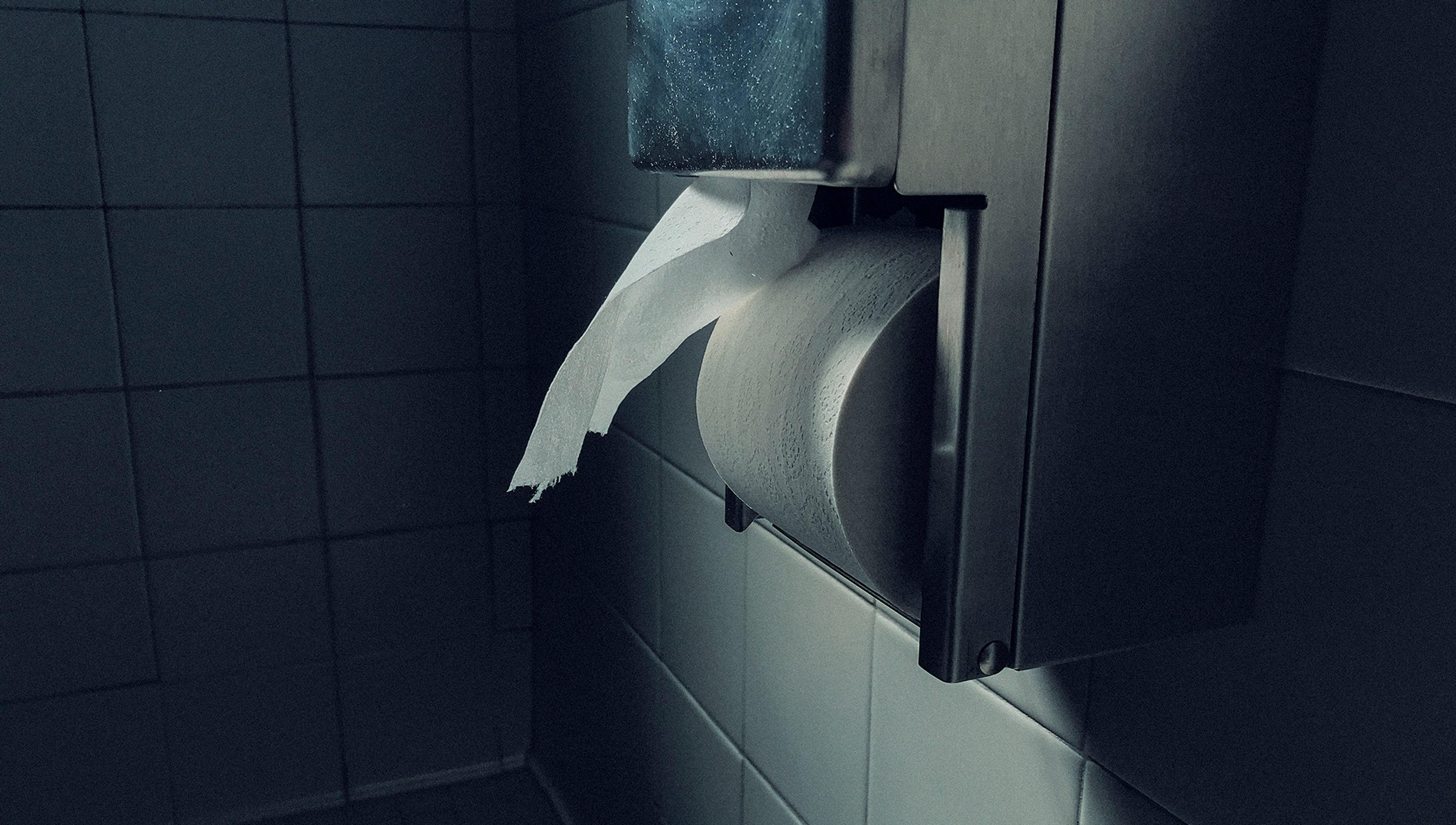 A bathroom scene featuring a metal toilet roll dispenser with a partially unrolled toilet paper, mounted on a tiled wall.