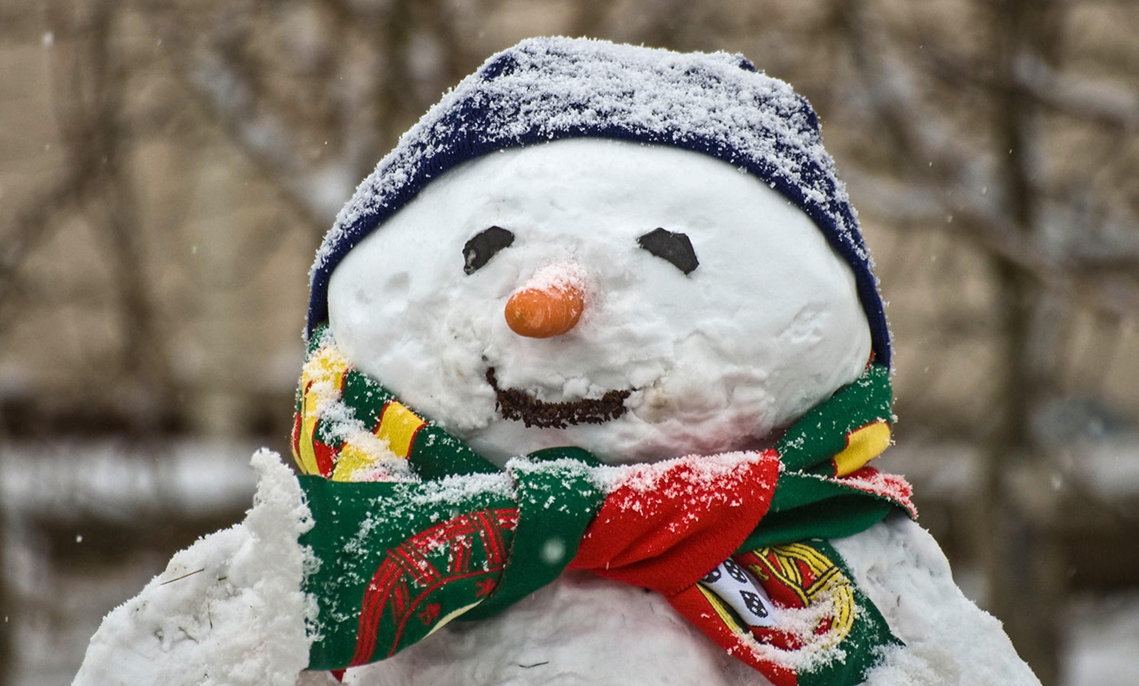 A smiling snowman with a carrot nose, black eyes and smile, wearing a colourful scarf and a snow-covered blue woollen hat.