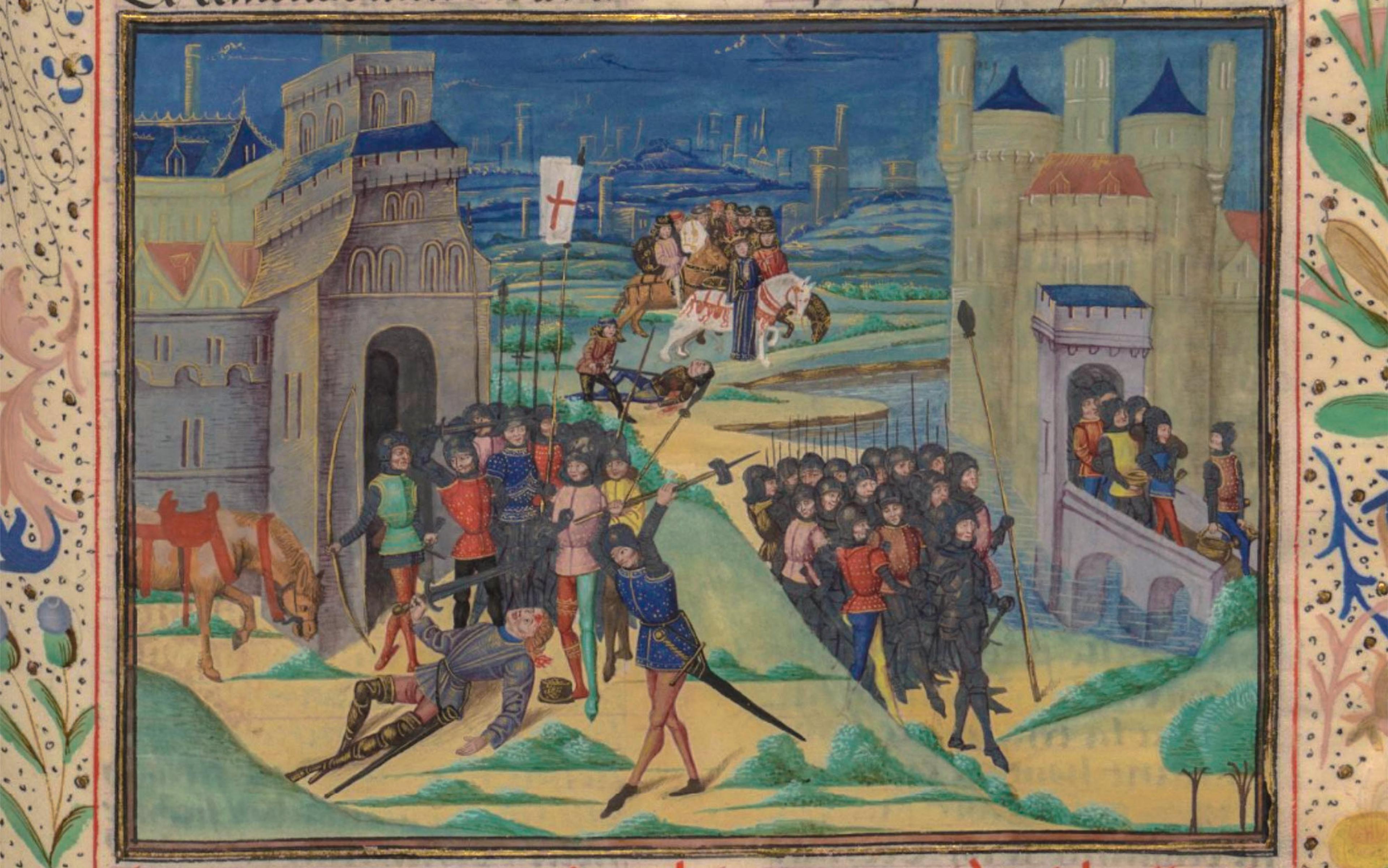 Medieval illustration of a battle scene with knights, soldiers and two castles, one with a drawbridge.