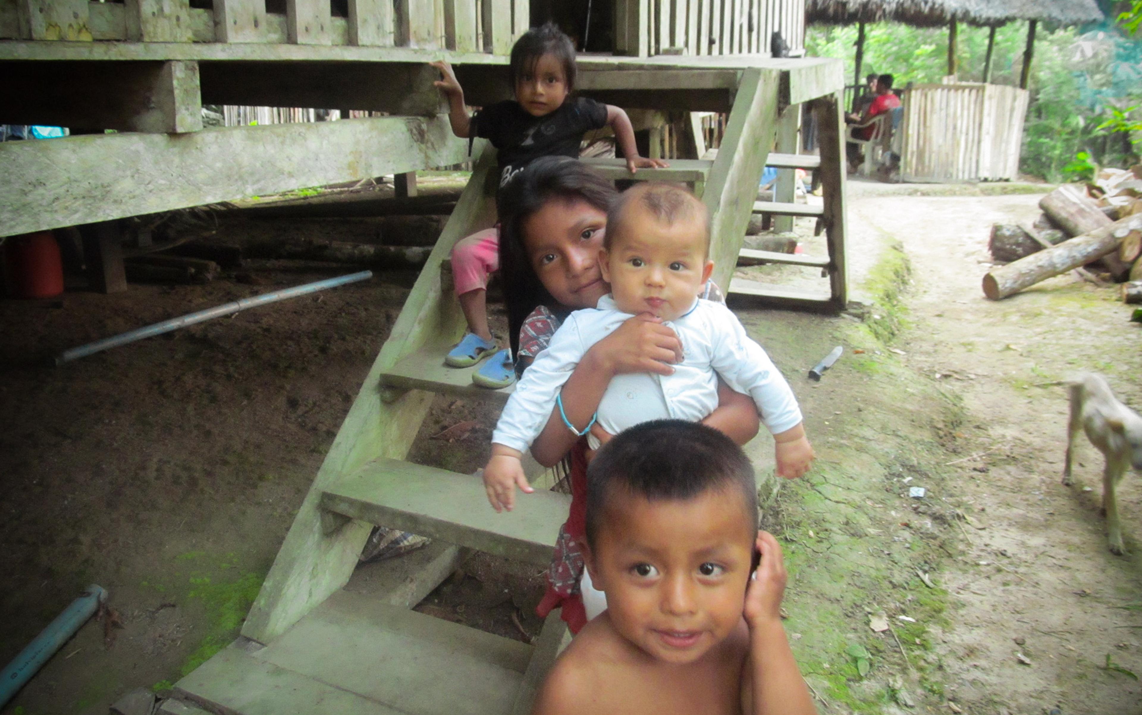 Four children are playing on and around wooden steps outside a raised house in a rural area, with logs and foliage in the background.