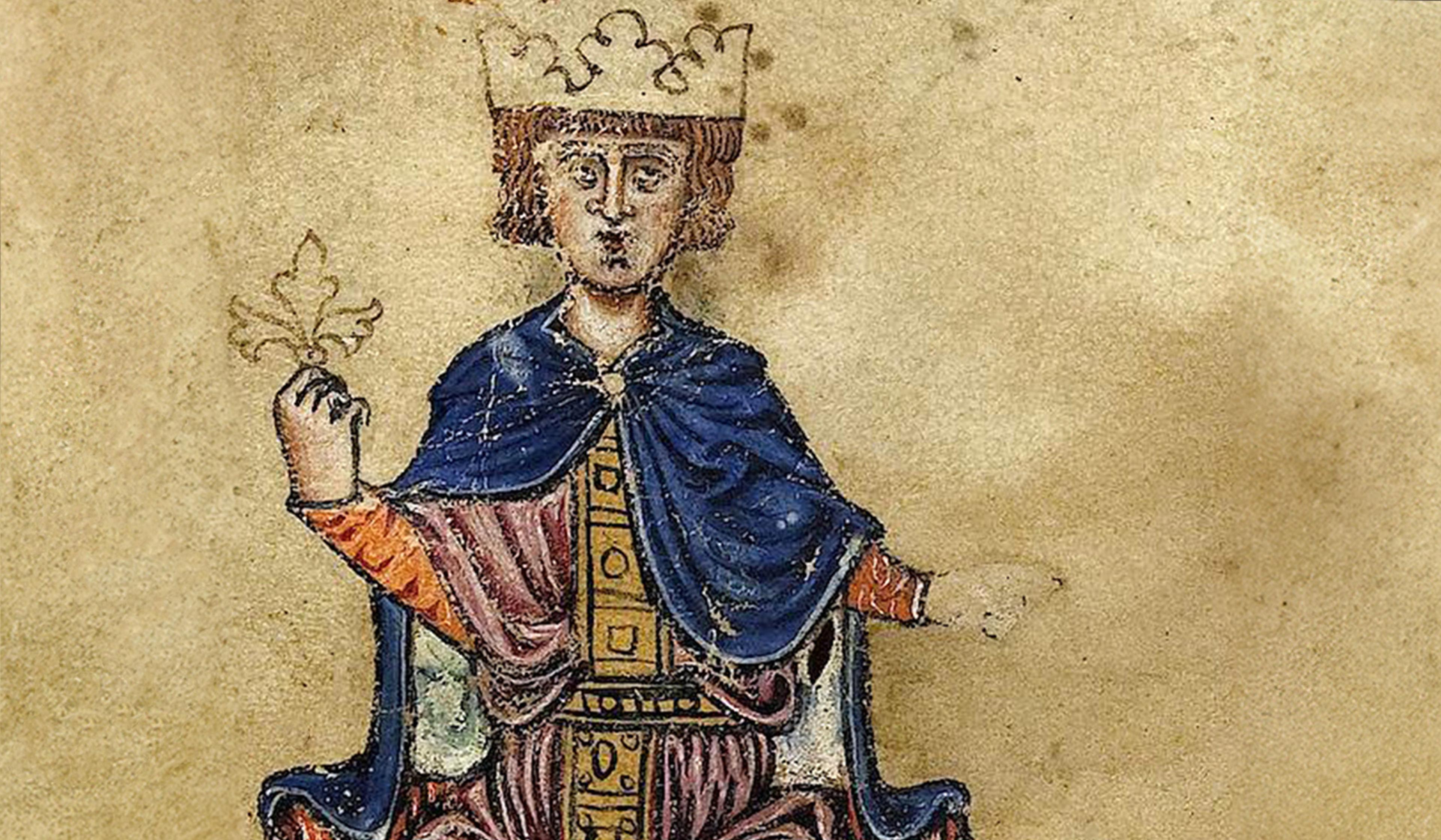 Medieval illustration of a crowned figure, holding a sceptre, wearing a blue cloak over an intricately patterned robe, seated against a parchment background.