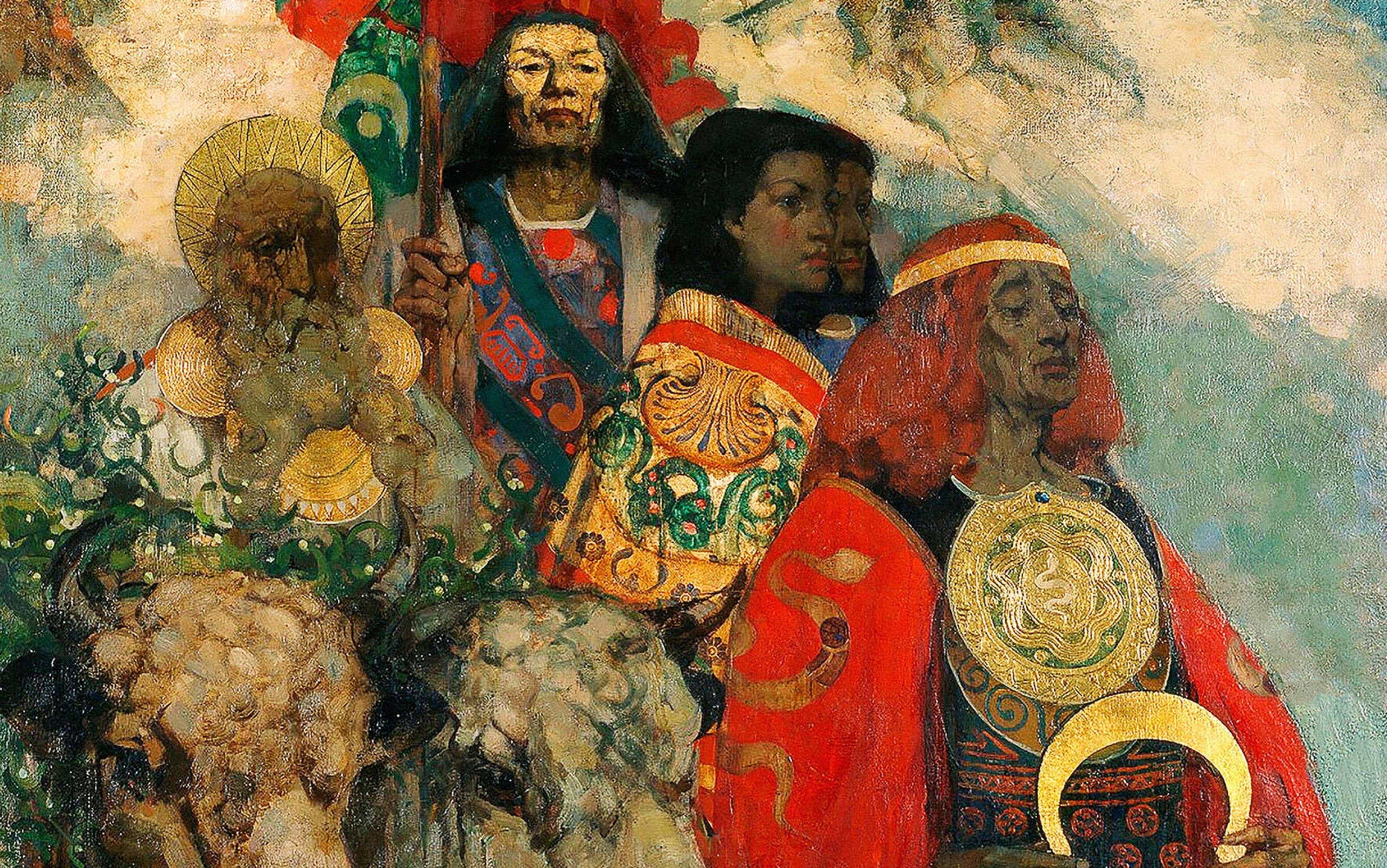 Painting of four solemn figures wearing ornate and colourful robes, holding items like shields and staffs, with animals in the foreground.