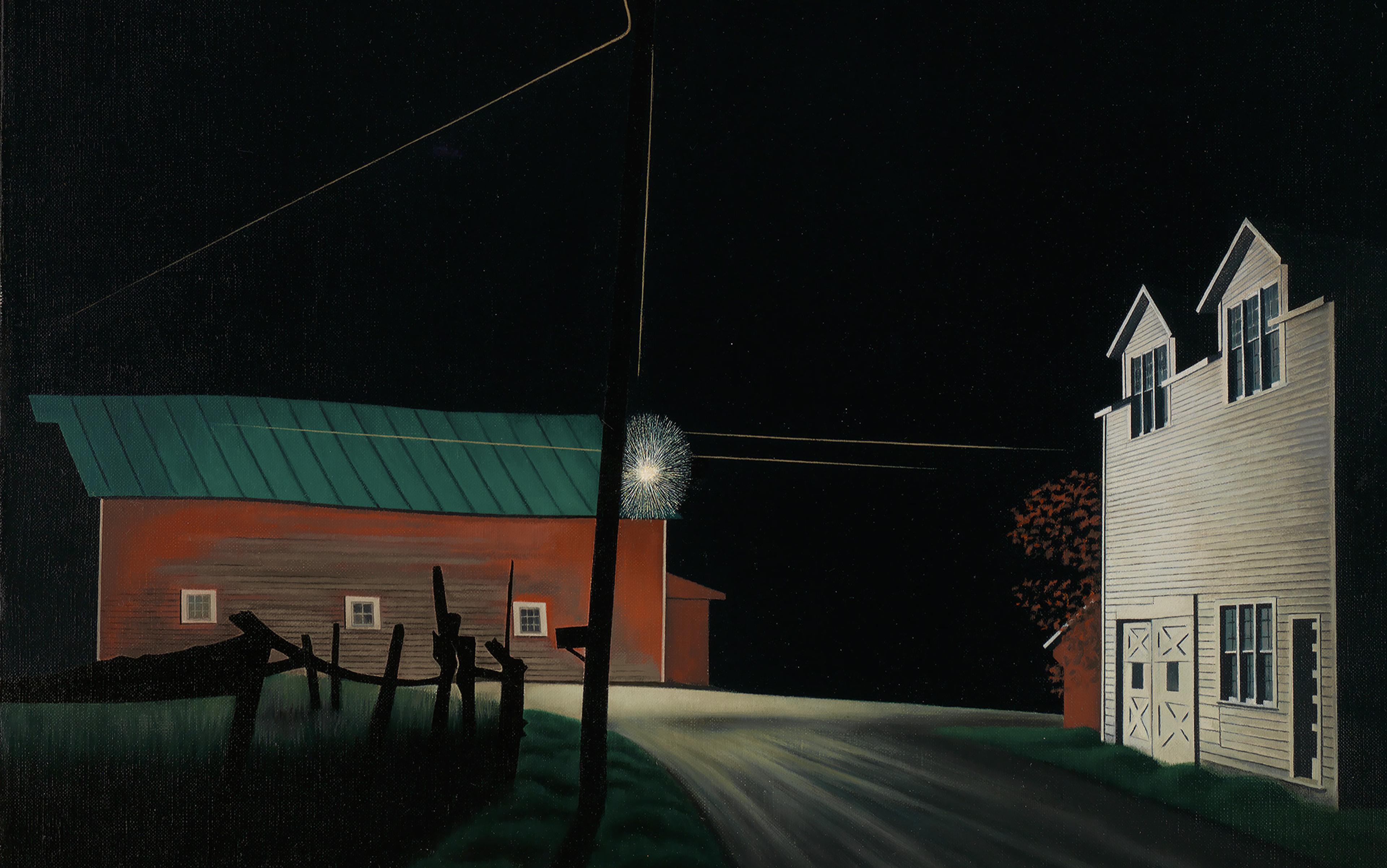 Painting of a rural street on a dark night featuring a two-storey white farmhouse, a red barn, powerlines, and a bright light in the centre.