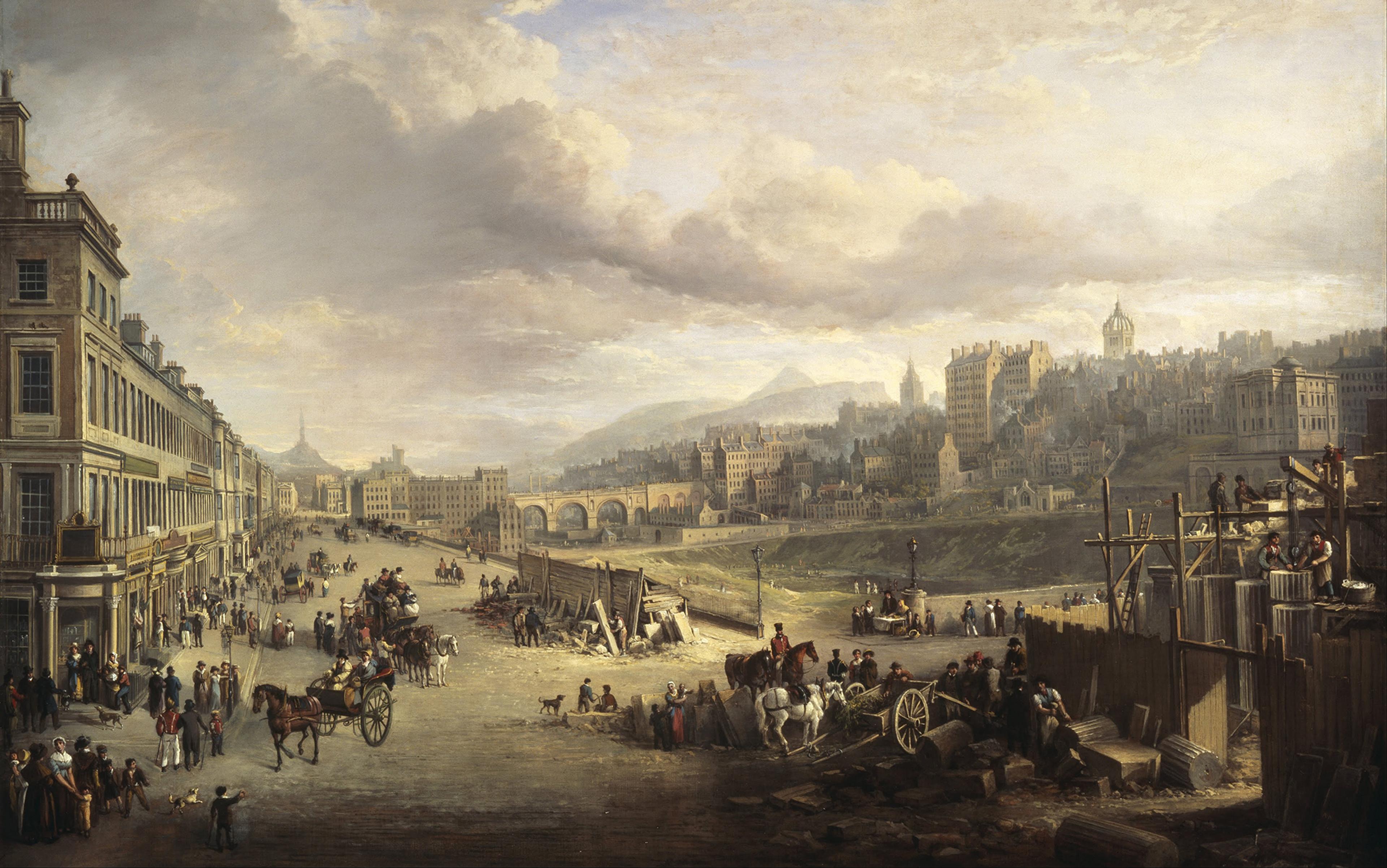 A bustling 19th-century cityscape featuring a wide street with construction activity, carriages and pedestrians. Hills and a bridge are also visible under a cloudy sky.