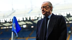 Florentino Perez lors du quart de finale aller de la Ligue des champions entre Chelsea et le Real Madrid (0-2), le 18 avril 2023 à Stamford Bridge