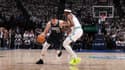 Luka Doncic au duel avec Jaden McDaniels lors du match Minnesota-Dallas (105-108, playoffs NBA), le 22 mai 2024