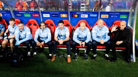 Pep Guardiola et le staff de Manchester City en juin 2023 lors de la finale de Ligue des champions