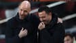 Erik Ten Hag et Xavi Hernandez pendant un match entre Barcelone et Manchester United, février 2023