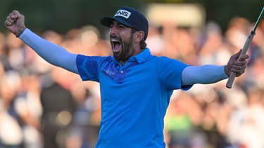 Le golfeur français Matthieu Pavon célèbre sa victoire au Farmers Insurance Open de Torrey Pines, le 27 janvier 2024