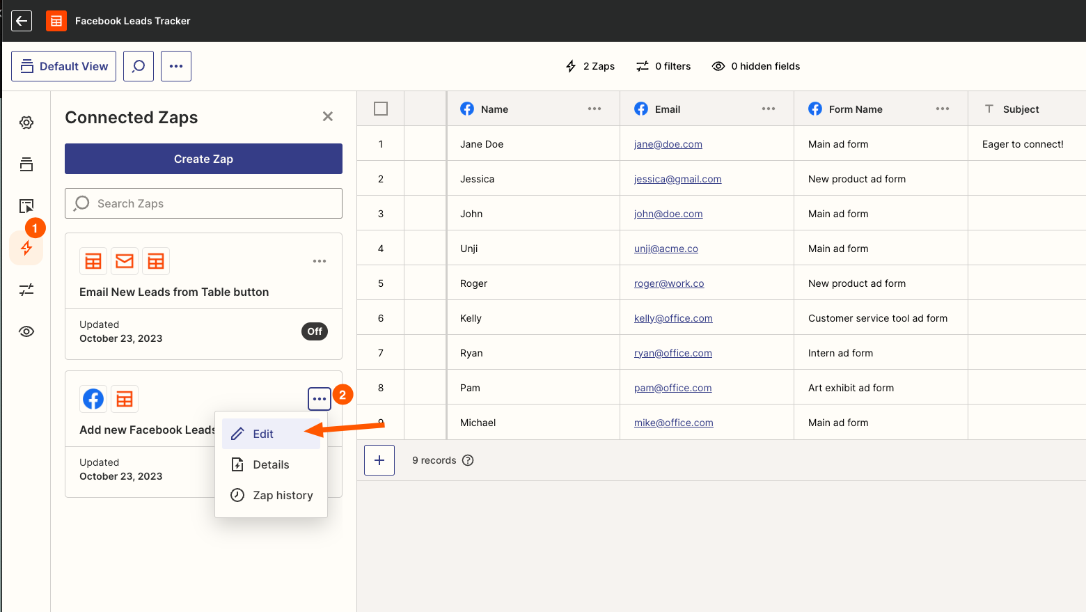 Edit Zap in Facebook Leads Tracker