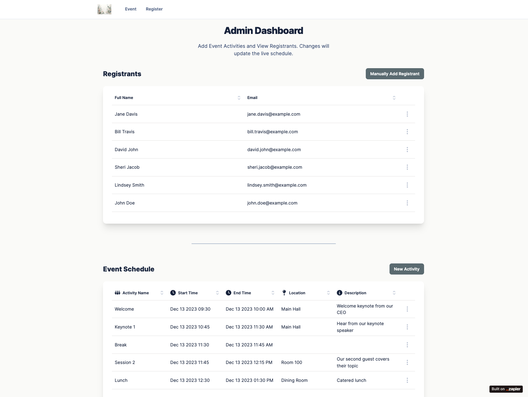 Event Schedule admin dashboard