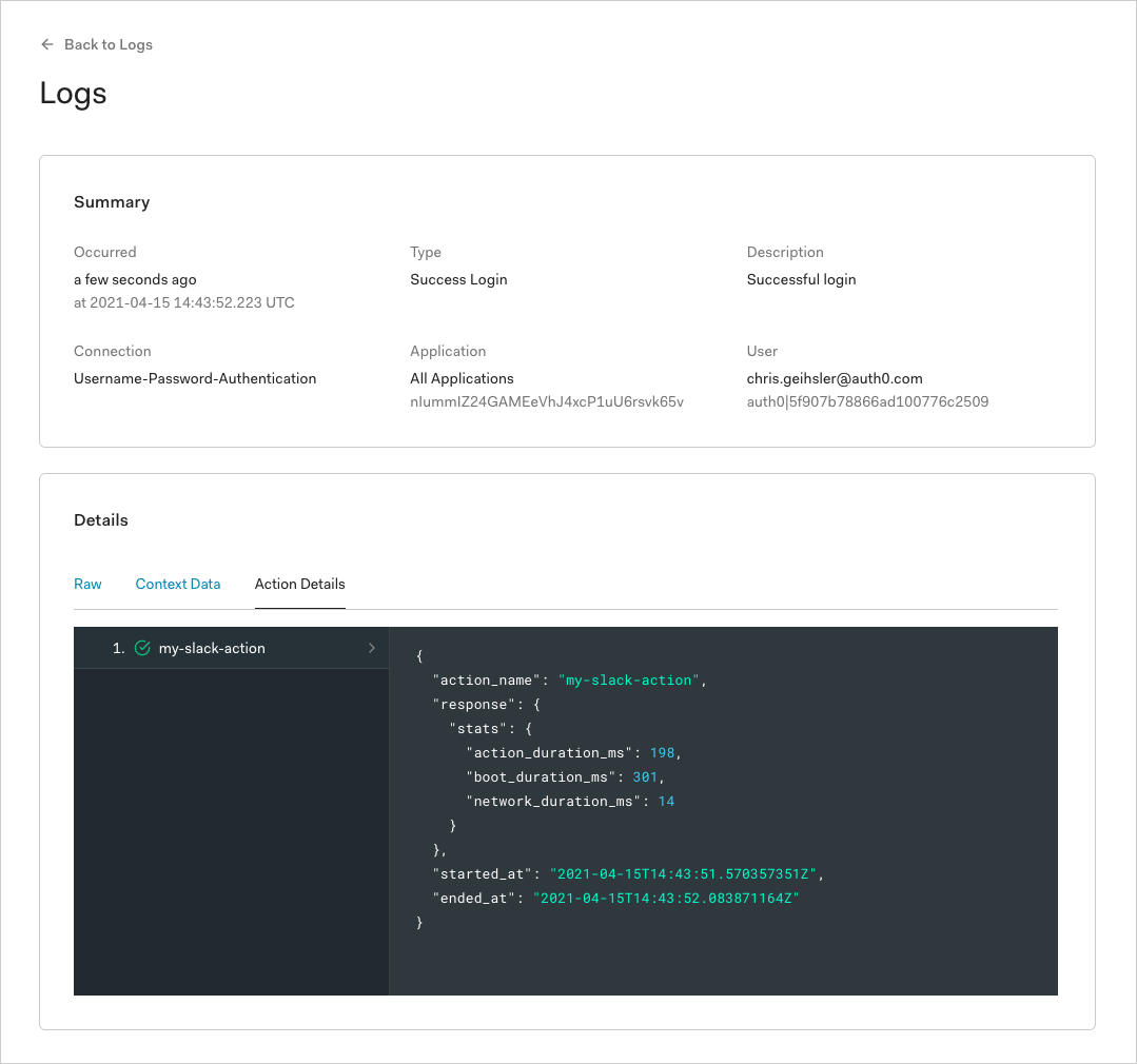 Tenant Logs: Action Details view