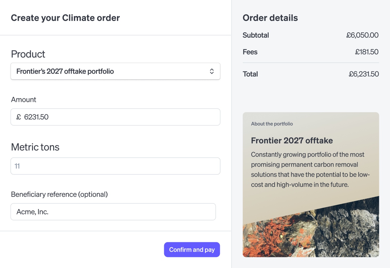 Climate Orders dashboard create panel