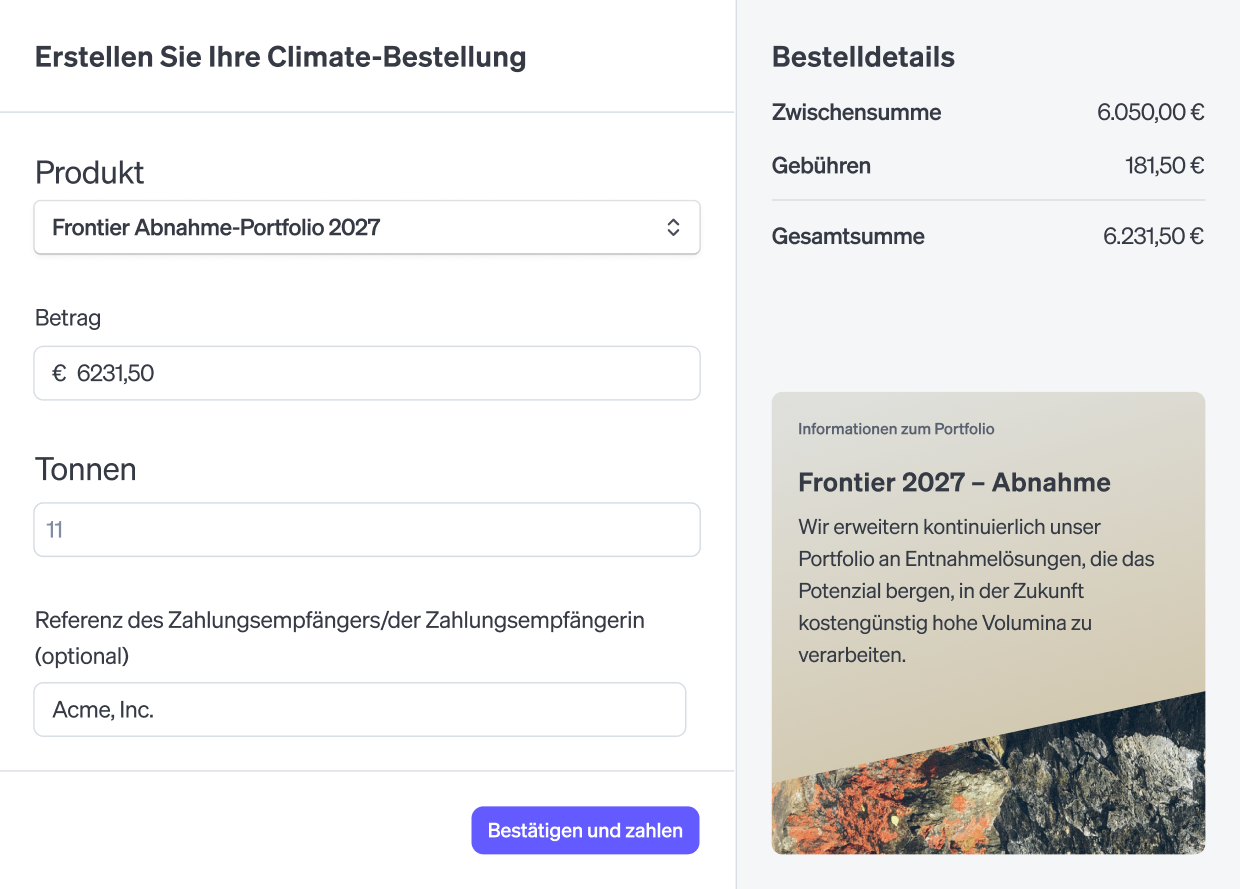 Climate Orders dashboard create panel