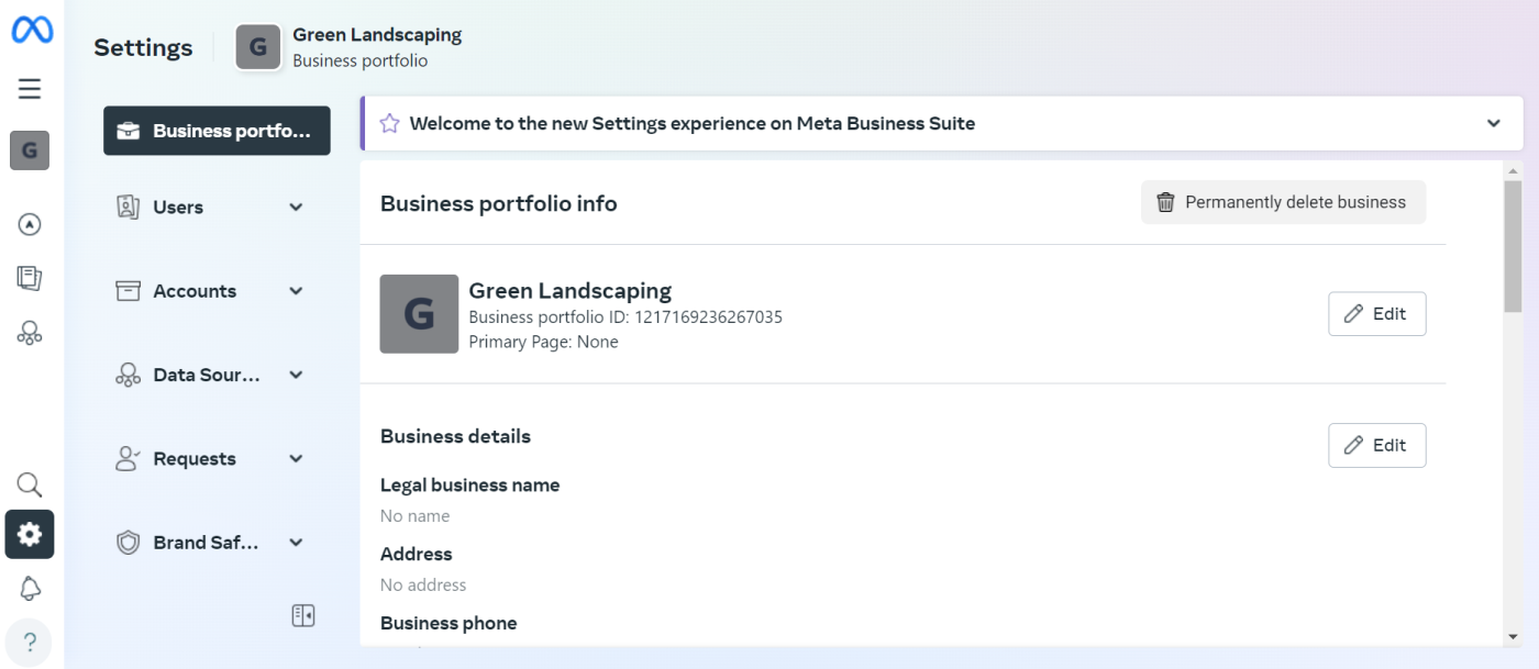 The Settings page after the Meta Business Portfolio setup