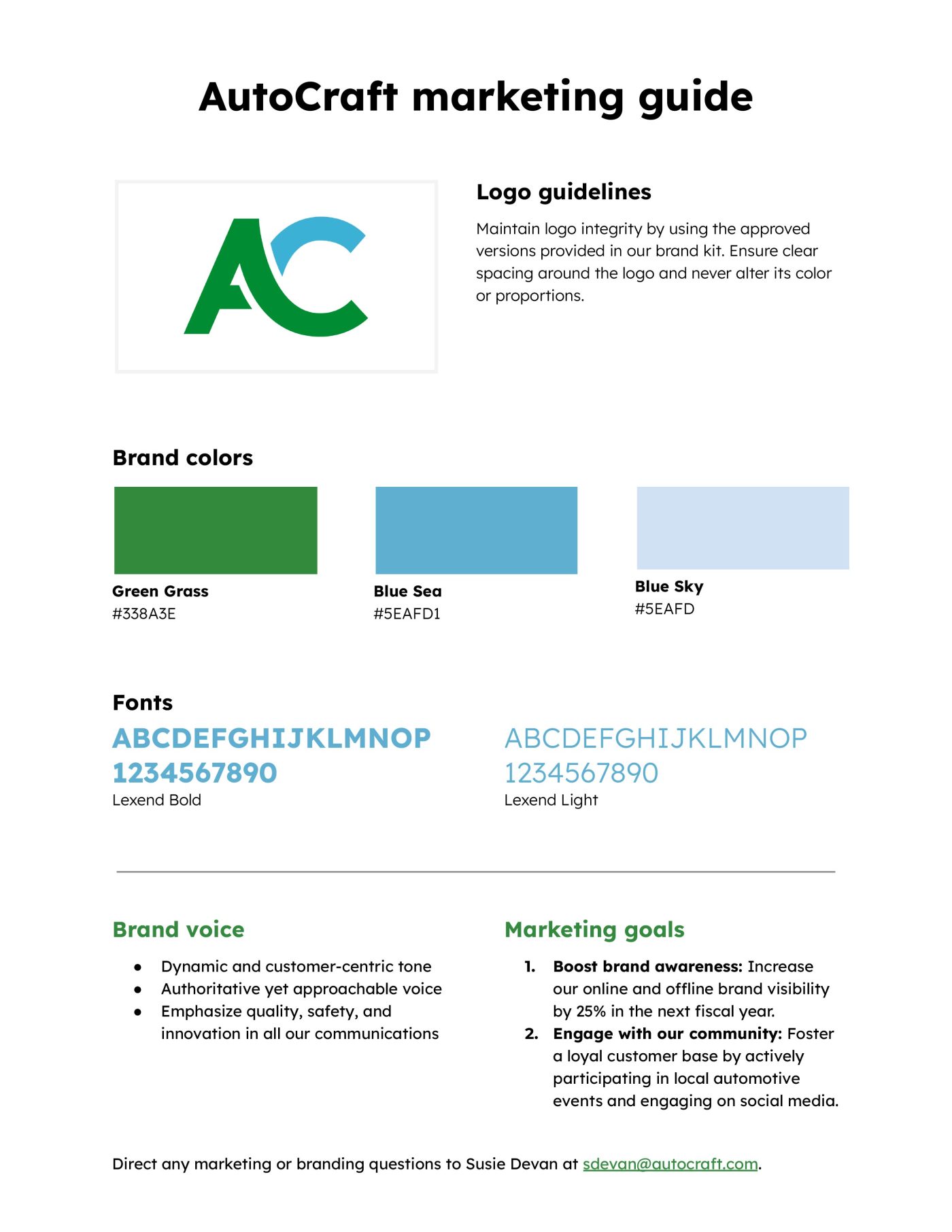 Example of a marketing one-pager including a company's logo, brand colors, fonts, brand voice, marketing goals and customer personas