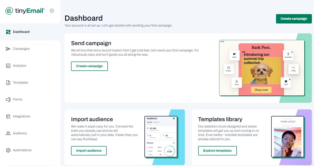 tinyEmail, our pick for the best alternative to ActiveCampaign for small eCommerce shops.