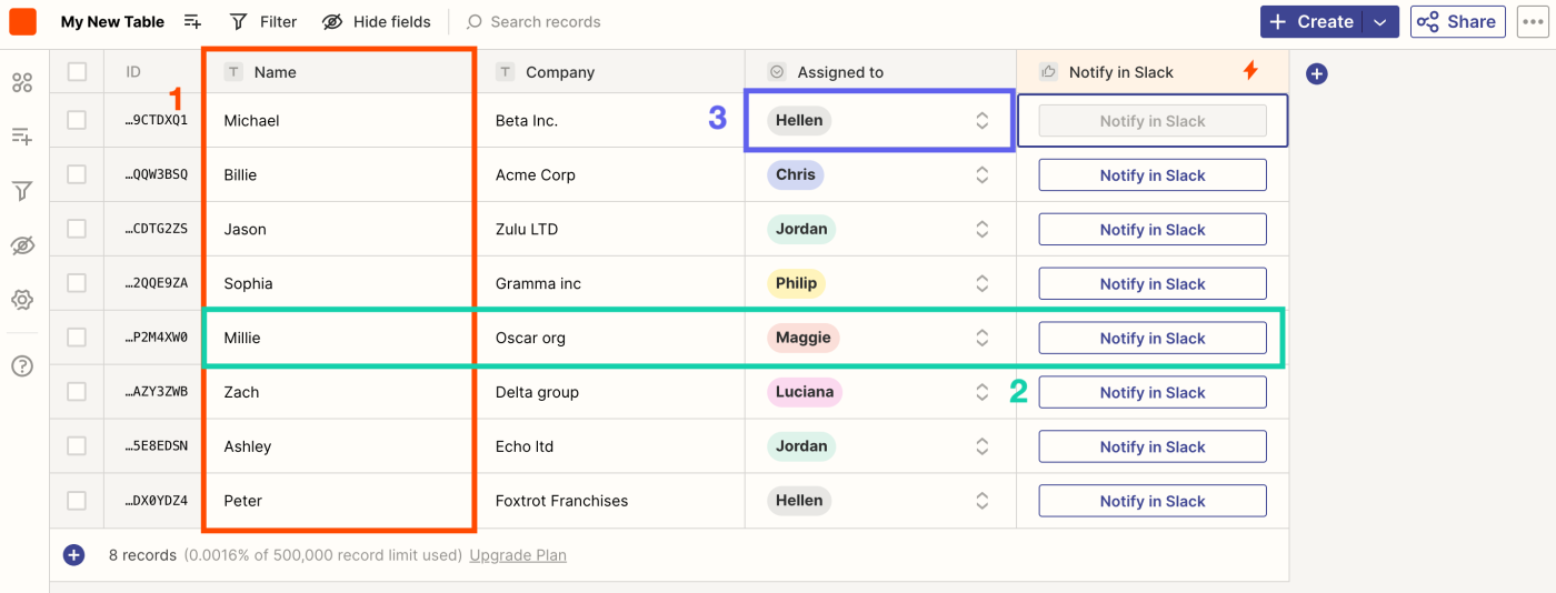 A table consists of columns called fields and rows called records. Each record includes field values, which are values associated with each field in your table.