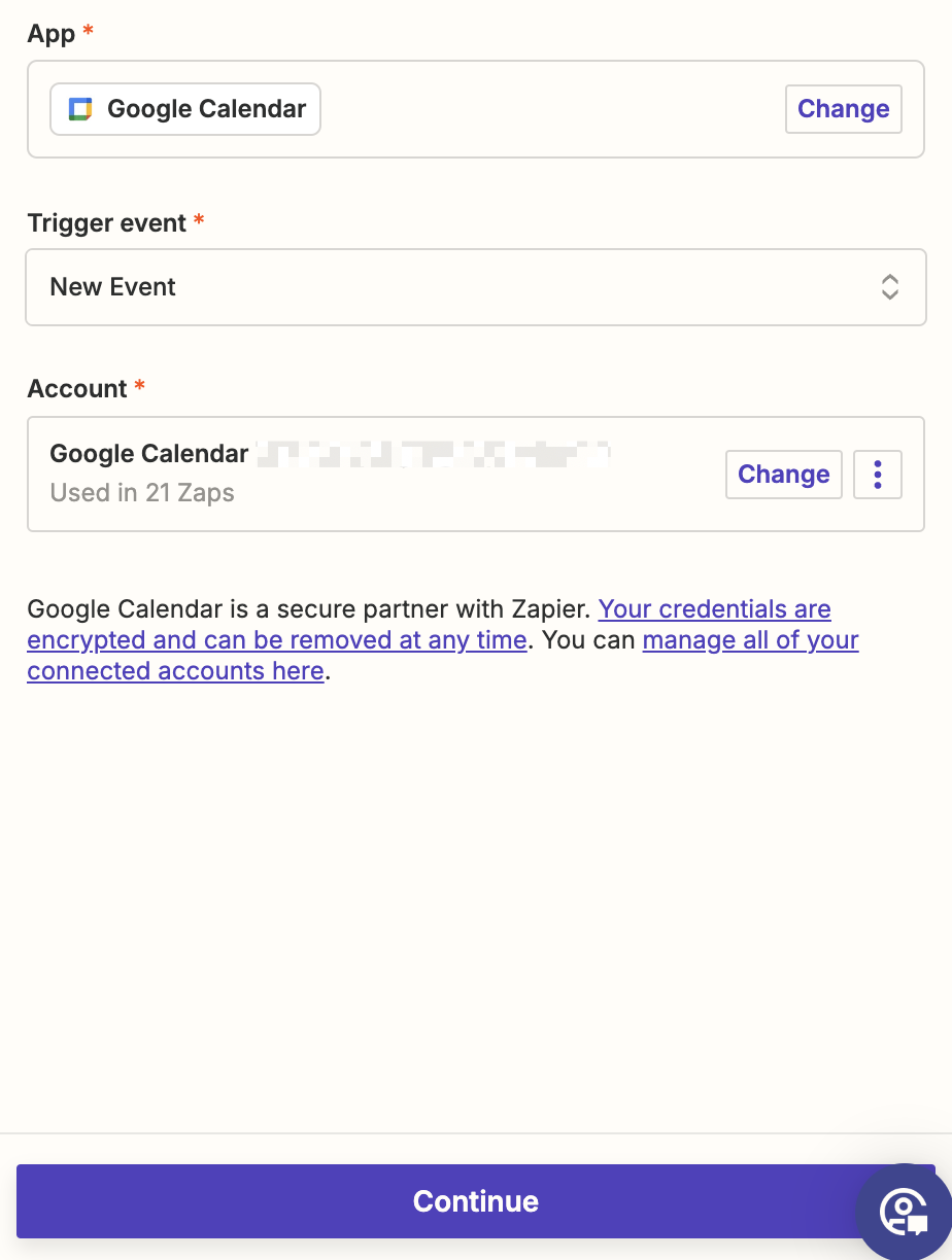 A Google Calendar account is selected in the Account field.